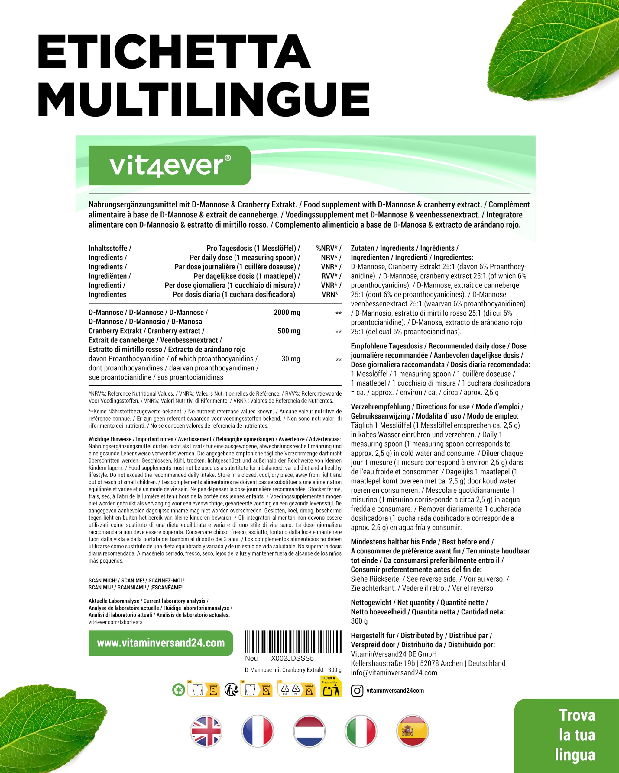 vit4ever D-Mannosio in Polvere con Estratto di Cranberry (Mirtillo Rosso) - Alto Dosaggio con 2000 mg di D-Mannosio e 500 mg di Cranberry - 300 g di Polvere - 120 Applicazioni - Vegano