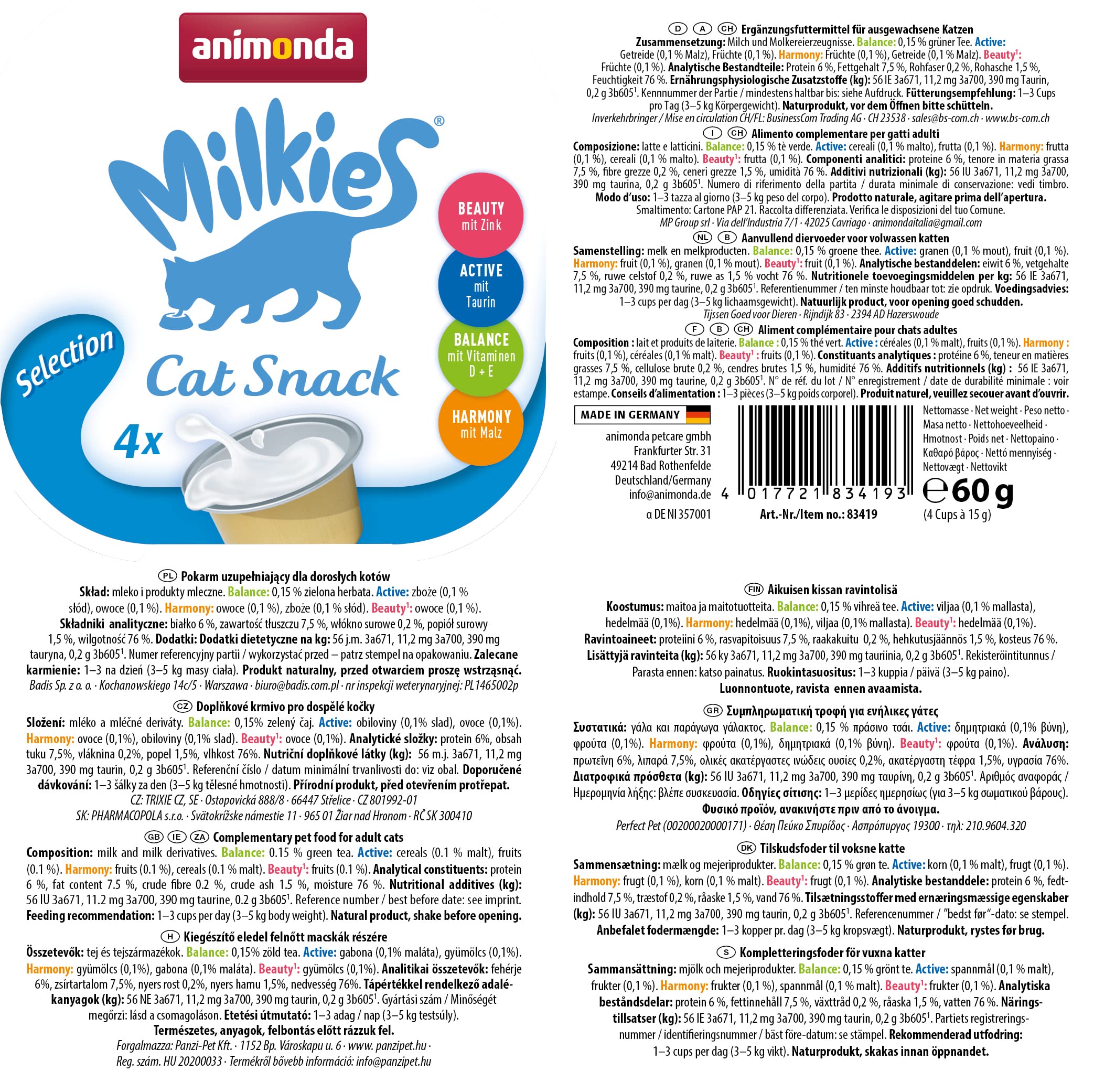 Animonda Milkies Lot de 15 x 4 Tasses de Lait pour Chat