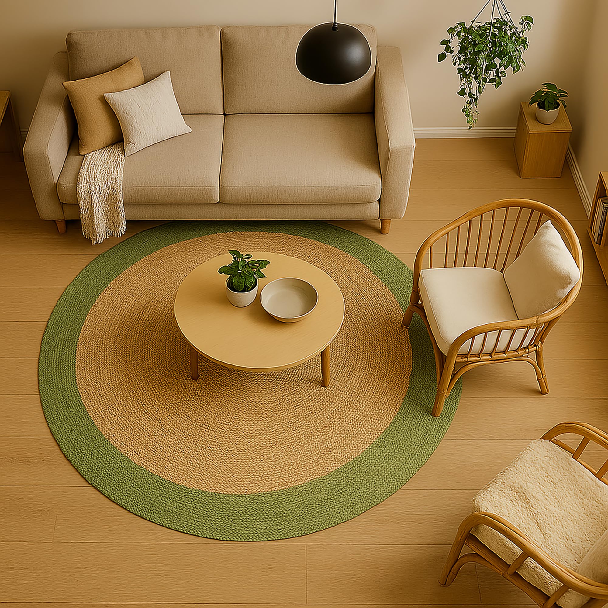 Tapis rond en jute indienne tressé à la main en chanvre naturel tressé à la main avec bordure verte 3 x 3 m