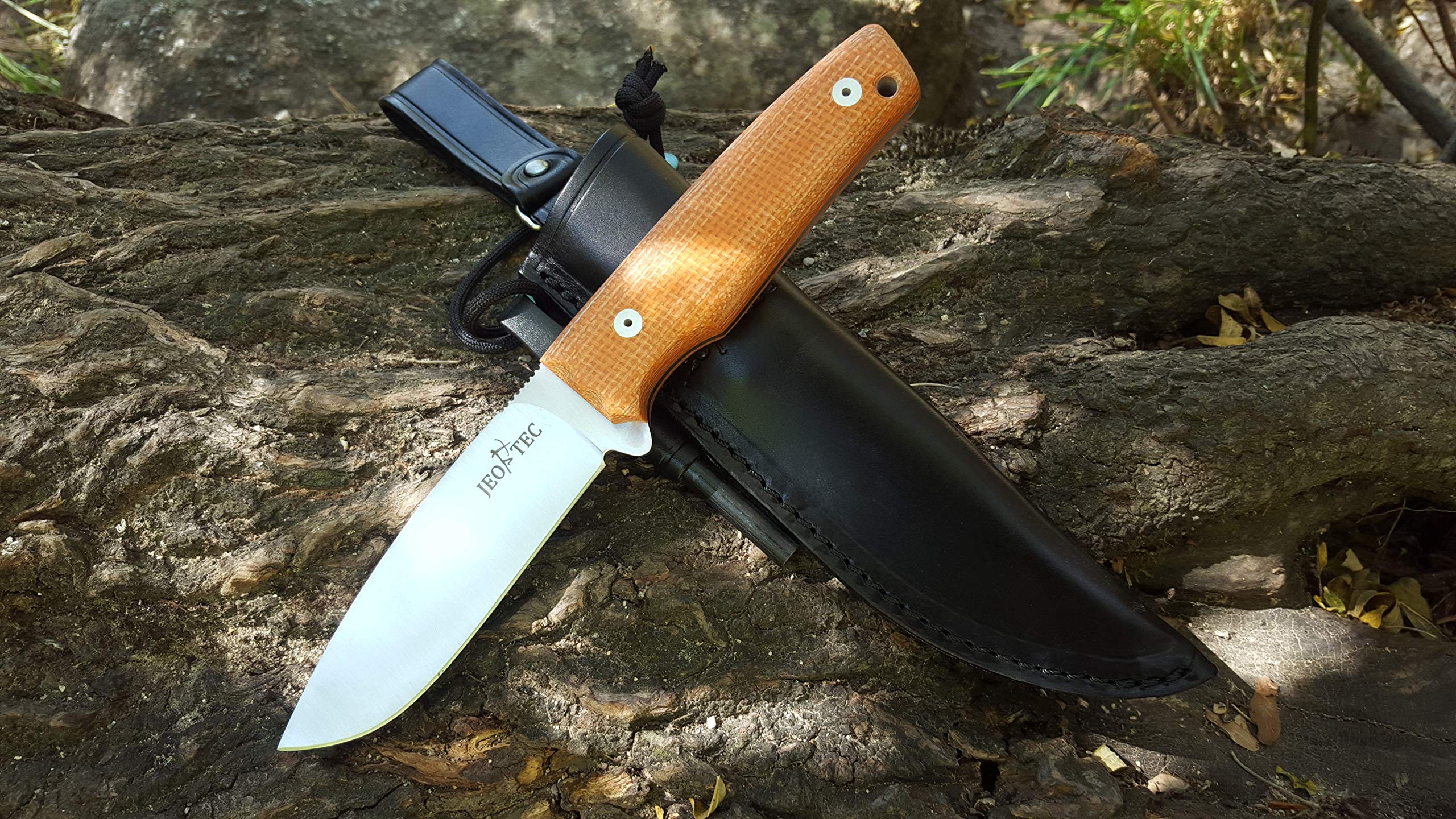 JEO-TEC Nº19 Outdoor Camping Gürtelmesser Jagdmesser Überlebensmesser Survival Bushcraft Messer, Premium Qualität, Stahl MOVA, Lederscheide + Feuerstahl, Handgefertigt in Spanien