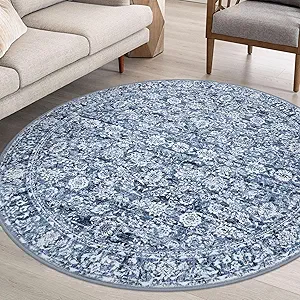 Blue 6' Round Rug Washable Rug for Entryway Soft Non-Slip Area Rugs Distressed Floral Low-Pile Carpet, Neutral Vintage Circle Rugs for Living Room Dining Bedroom Foyer