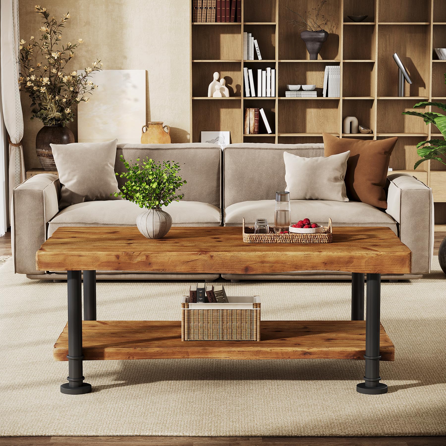Tribesigns Meseta de Centro Estilo Granja, Mesa de café de Madera con Almacenamiento, Estante de 2 Niveles con Borde Vivo, Patas de Metal, Mesa Central Rectangular de 47" para Sala de Estar, salón