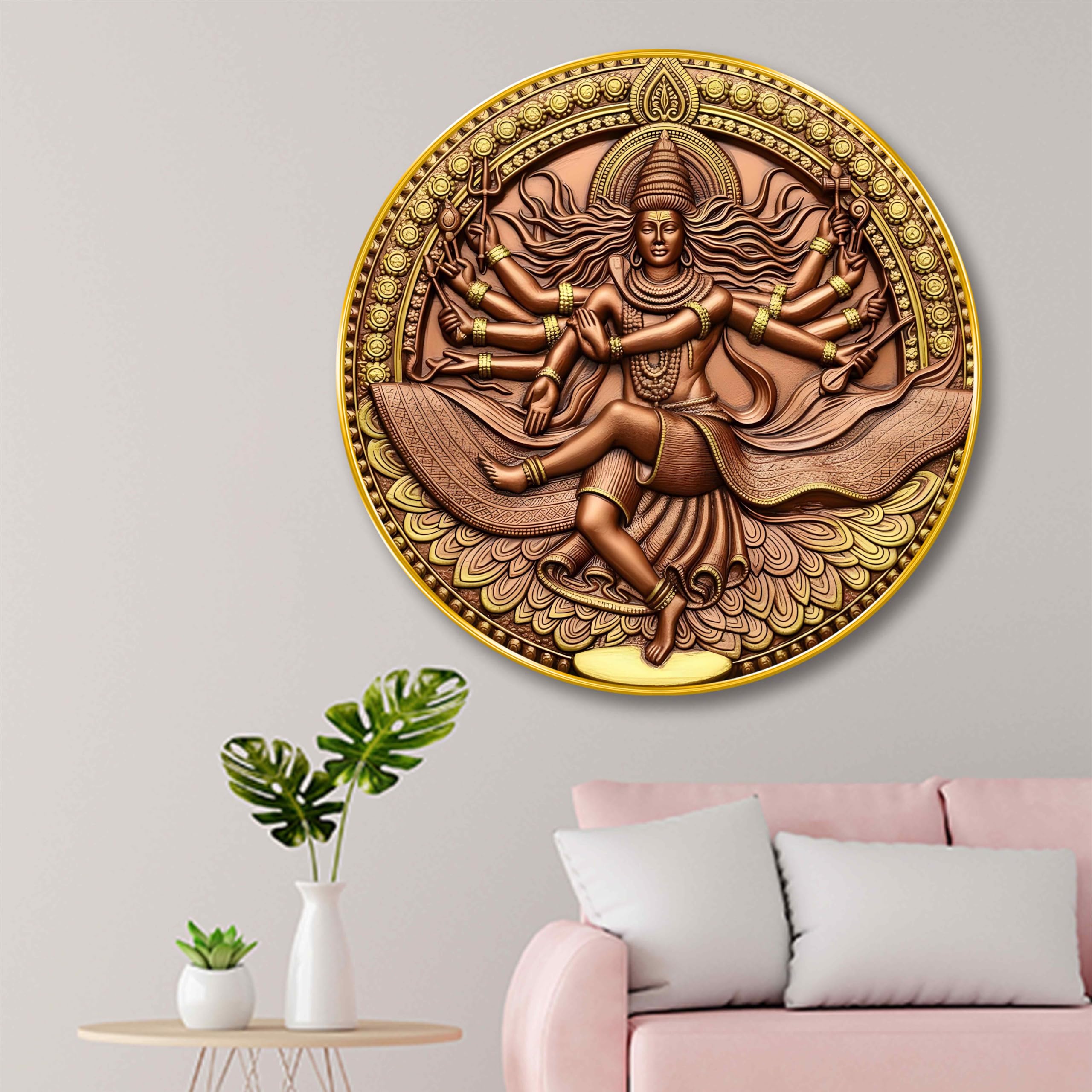 Livin'luxe Lord Shiva Nataraja Round Wall Art | 3D Embossed MDF Panel with Golden Rim | Powerful Divine Wall Décor for Home | Artistic Spiritual Frame of Shiva in Tandav Pose (16 x 16 Inch) GRM-303-image-9