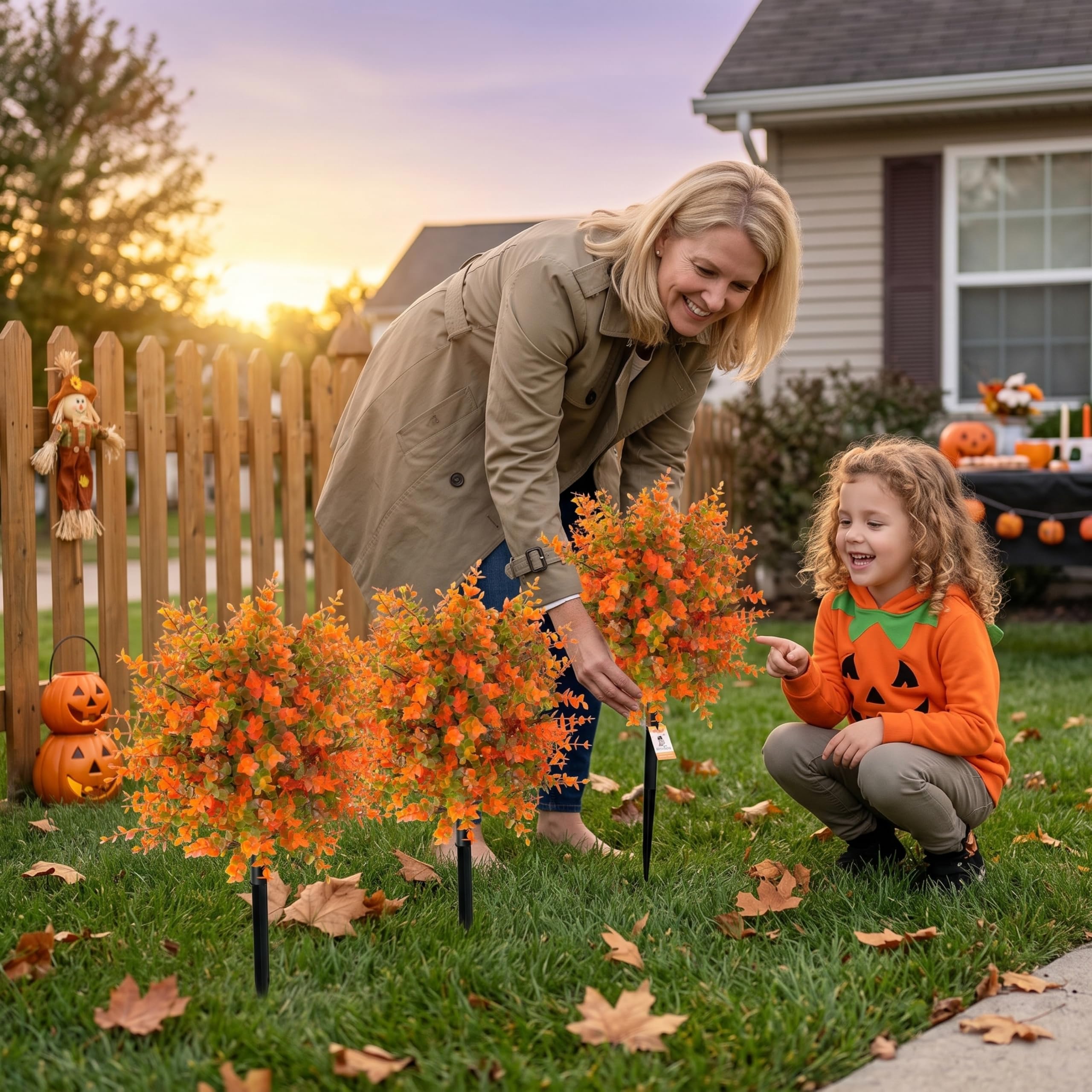 Confezione da 2 arbusti artificiali da esterno Decorazioni per Halloween da esterno - Pali floreali autunnali con foglie di eucalipto e fiori d'arancio arancioni