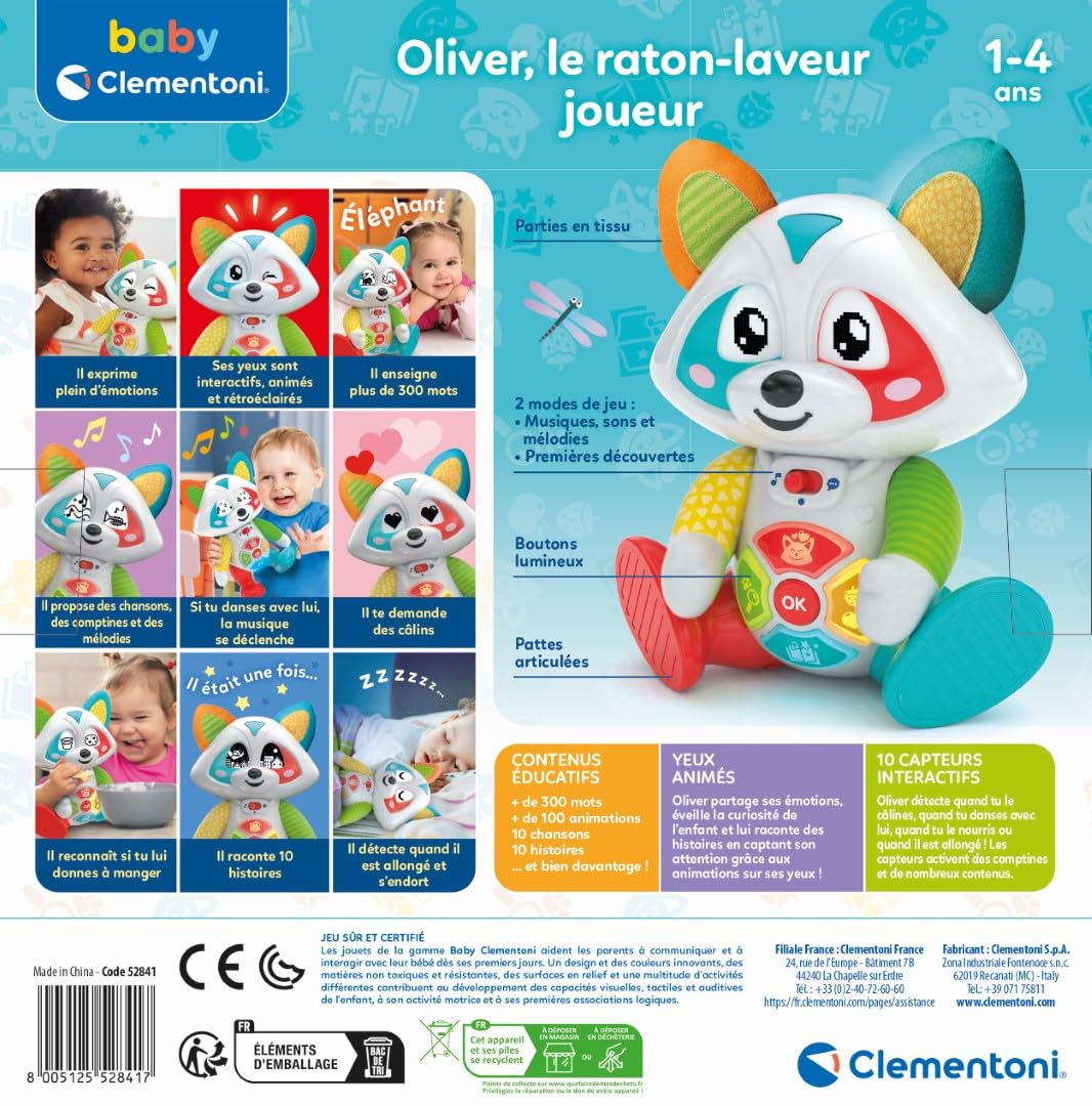 Clementoni Oliver Le Raton Laveur Joueur Interactif dès 2 Ans 3 Modes de Jeu Émotions Histoires Repas