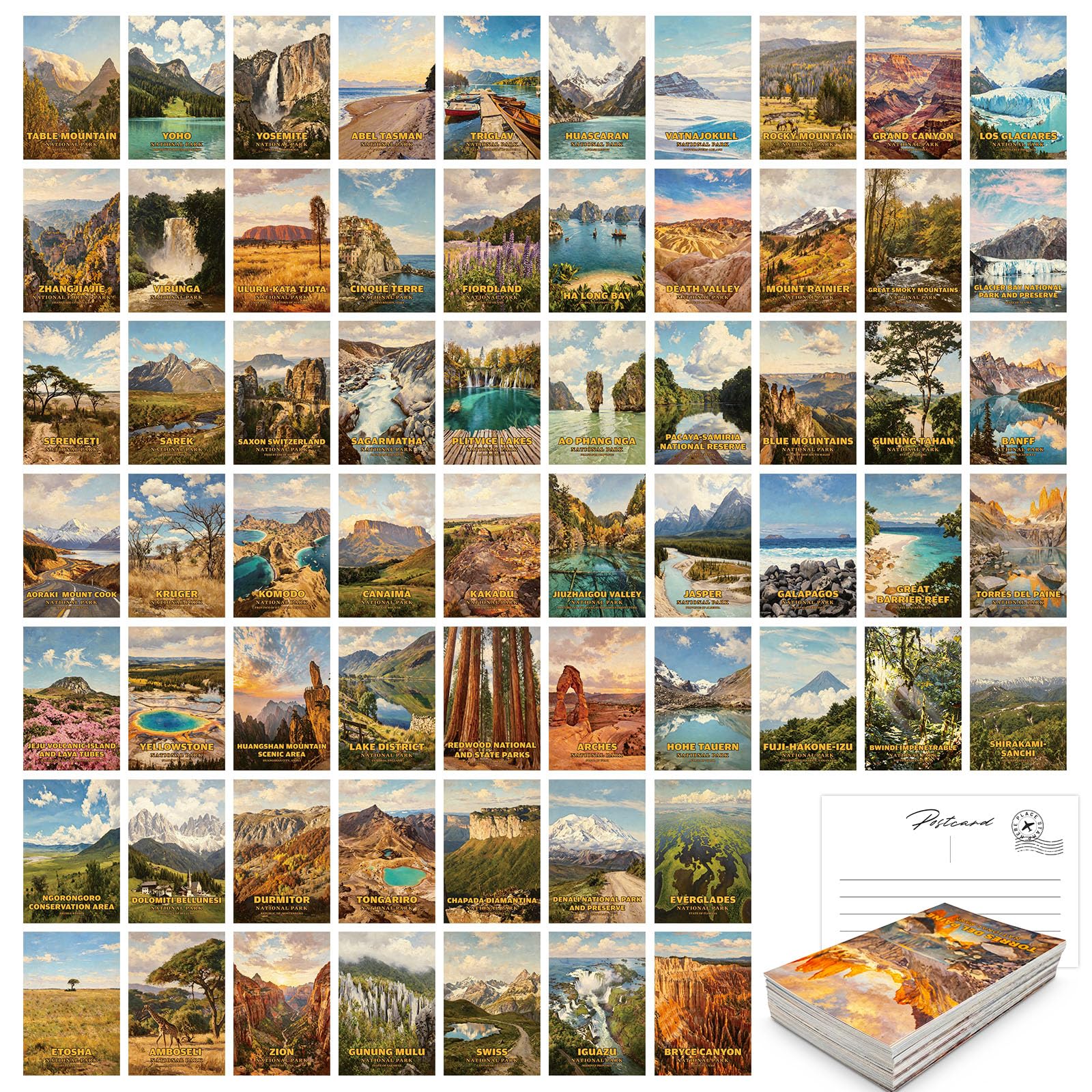 Tlenpo 64 Pcs Illustrated National Parks Postcards U.S, Vintage Travel Posters for Wall Decor, Vintage Postcard Set for Mailing, Mailing, Educational & Collectible, 4" x 6" (Vintage National Park)