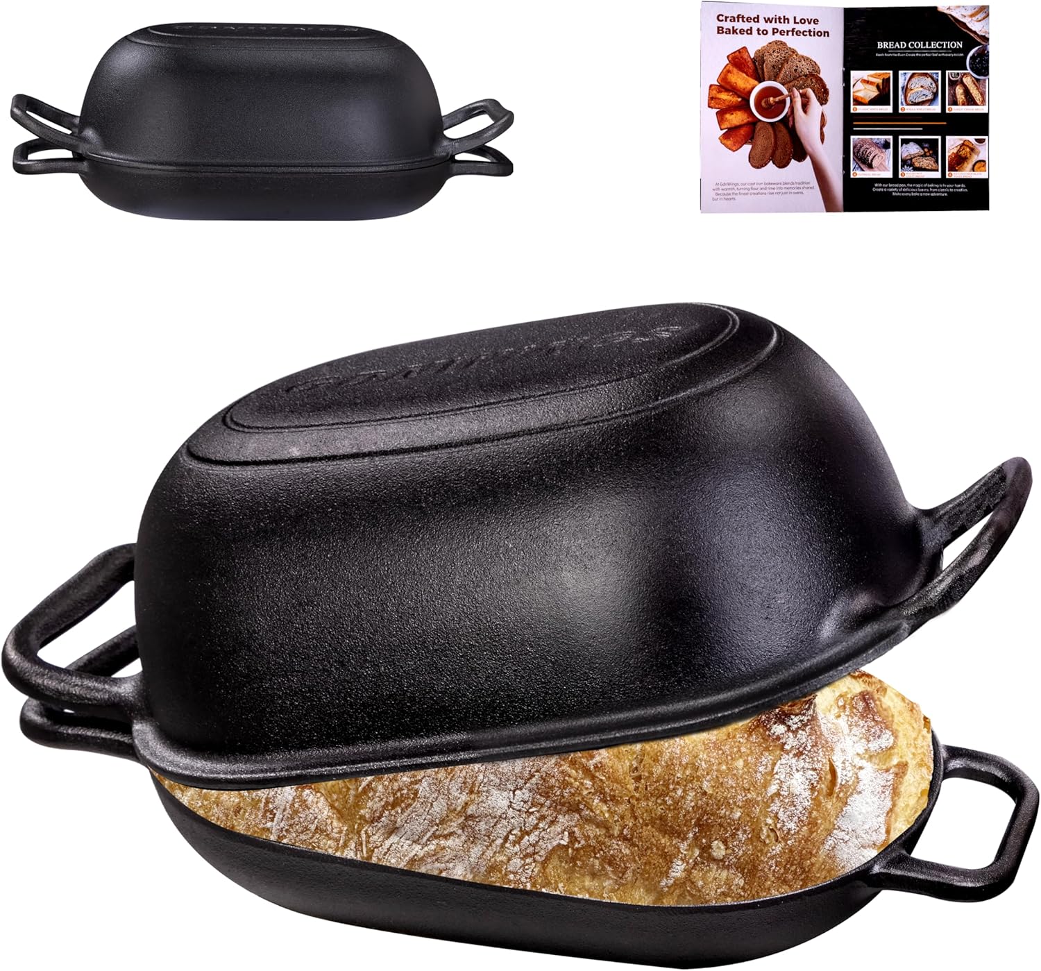 Oval Dutch Oven for Bread Baking 12 x 8 Inch, Pre-Seasoned Cast Iron Bread Oven for Sourdough, Dutch Oven Bread Loaf Pan for a Crispy Crust, 5QT - Thumbnail 2