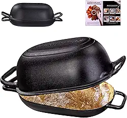 Forno holandês oval de 5 litros de ferro fundido para assar pão, forma de pão pré-temperada com tampa, design de base rasa com tampa profunda para crosta crocante artesanal de fermento, sem