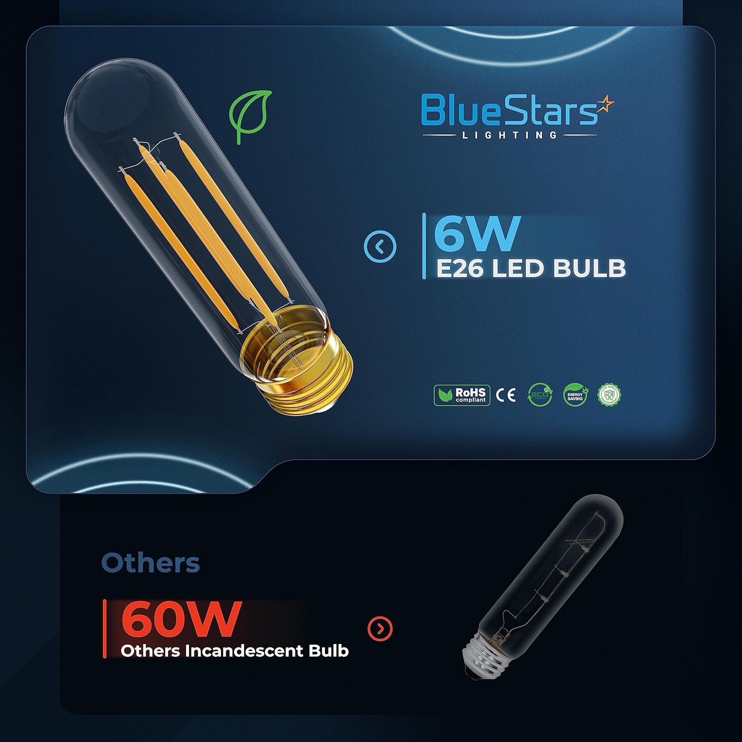 BlueStars 6-Pack T10 Tubular LED Light Bulbs T30 E26 Medium Base, 6W 5.0in 2700K Warm White, 60W Equivalent, DIMMABLE, 660 lumens for Pendants, Wall Sconces, Chandeliers Home Decoration