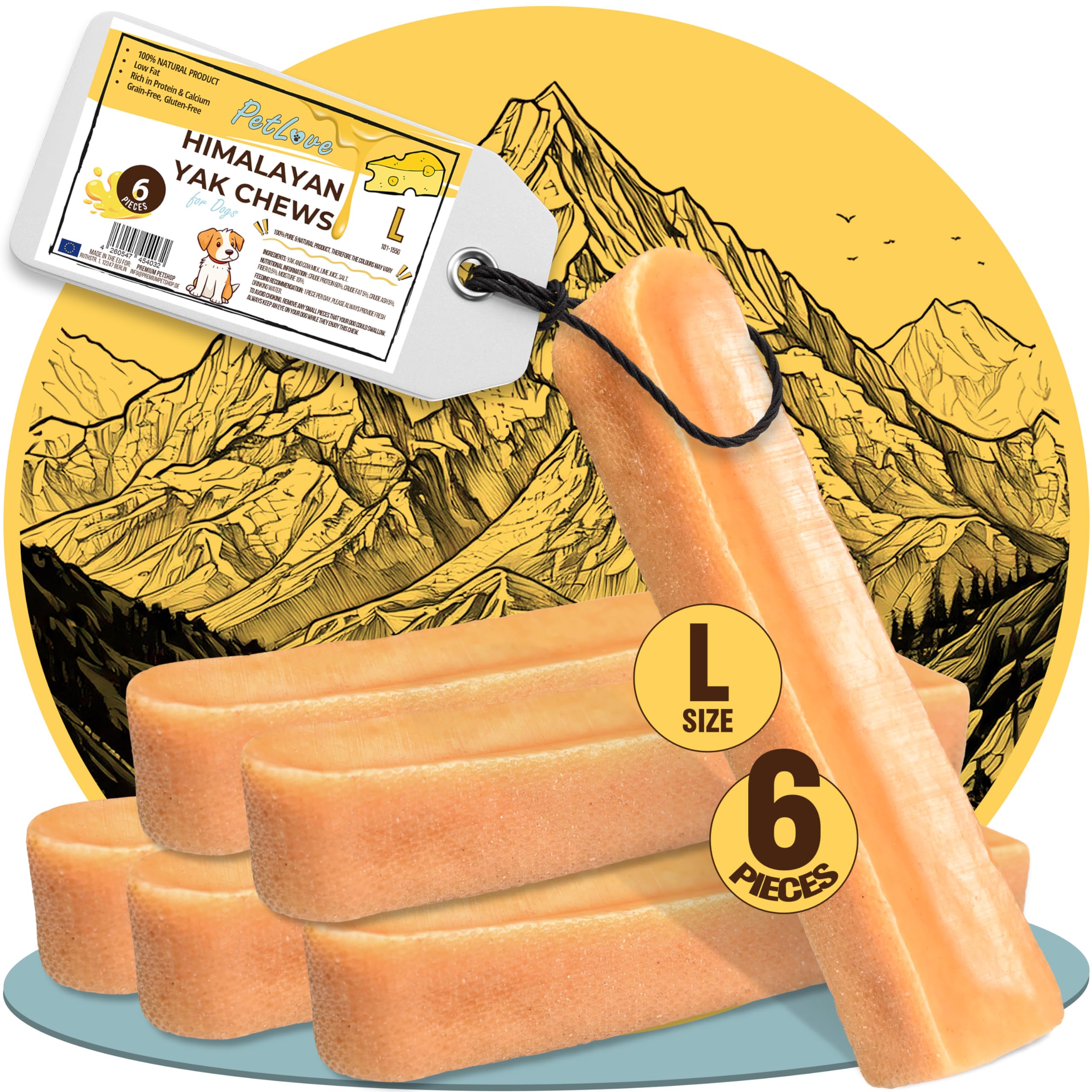 PetLove Himalayan Yak Lot de 6 bâtonnets à mâcher pour chien Taille L – Fromage dur naturel à mâcher pour grands chiens – Friandise à mâcher longue durée – Riche en protéines et sans additifs
