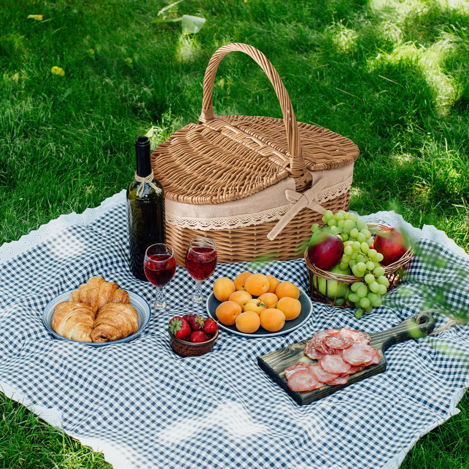 perfk Panier en Osier Panier de Pique-Nique en Osier Panier à Jouets Mignon pour Enfants avec Doublure Lavable Panier de Pique-Nique de Remerciement de, 26cmx18cmx13cm