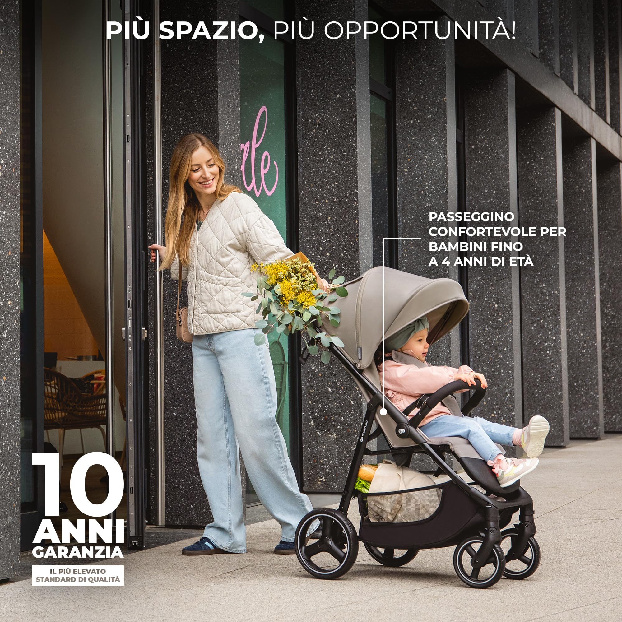 Kinderkraft TRIG 3 Passeggino Leggero, Pieghevole, Posizione Distesa, Posizione Reclinata, Sospensione 4 Ruote, Cinture di sicurezza a 5 punti, Bambini, Fino a 22 kg, Beige