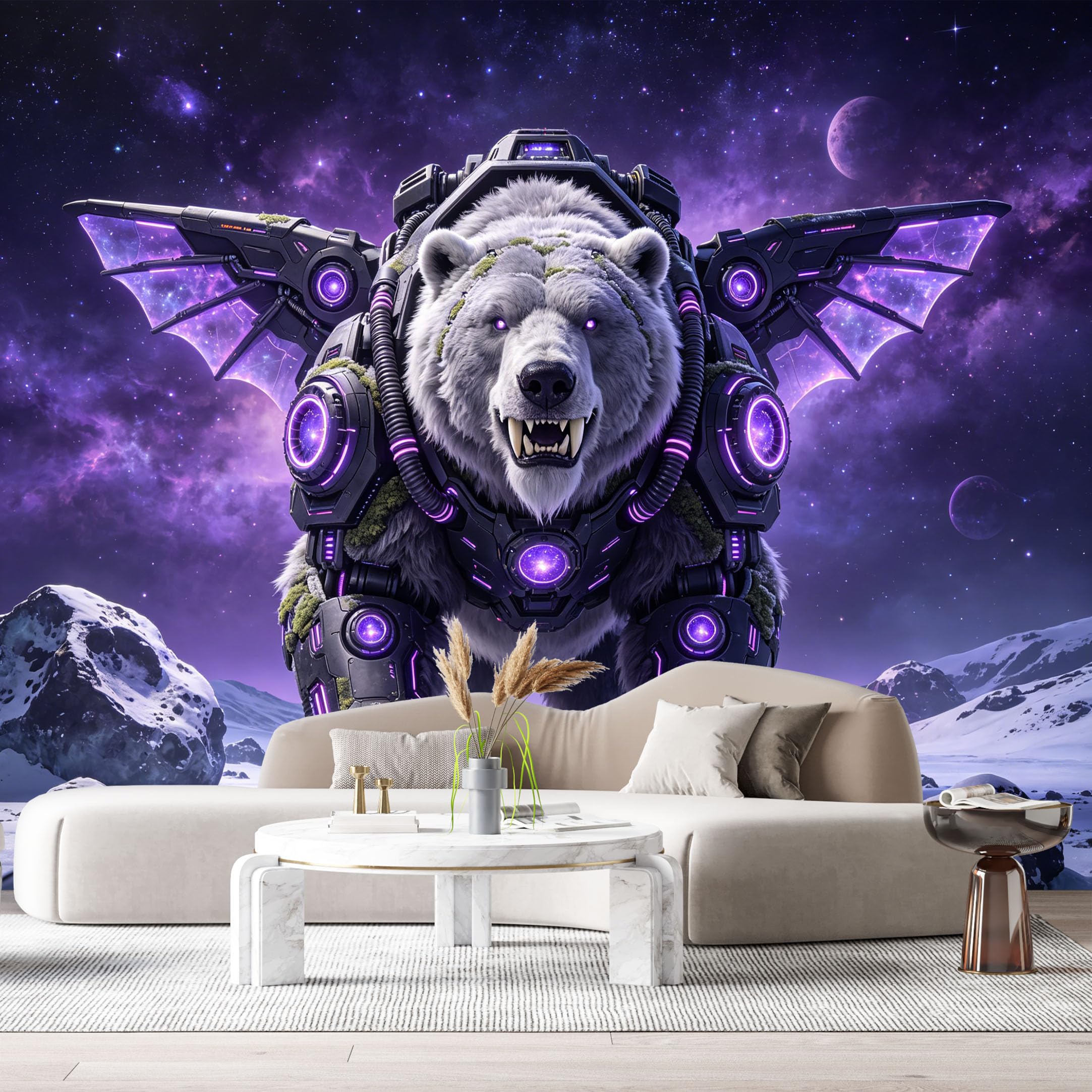 Custom Size Wall Mural Cyber Mech Polar Bear Robot Armor SciFi Futuristic Neon Space Battle Mecha SelfAdhesive Art Prints Removable Large Wallpaper Esports Room Game Room Tenant Room Studio