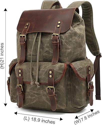 Miniatura 17 de HuaChen Mochila de cuero para hombre, mochila de lona encerada para viajes, laptop, escuela, Gris, Mochilas con mochila Gris,Verde