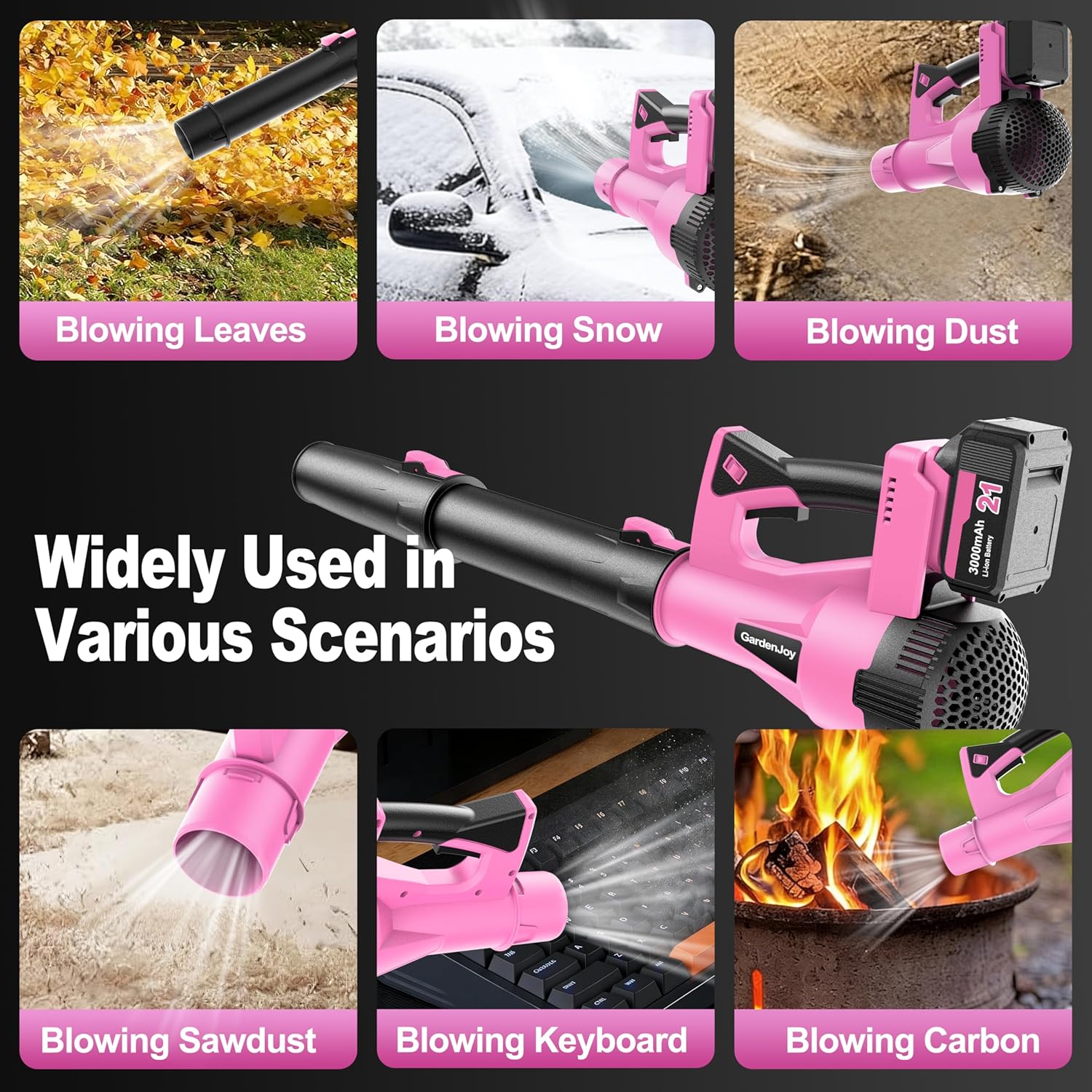 Leaf Blower Cordless, 21V 500CFM 150MPH Powerful Electric Leaf Blower with 2x3.0Ah Batteries & Charger, 6 Speed Modes Lightweight Handheld Blower for Lawn Care, Leaves, Dust, Car Cleaning, Pink