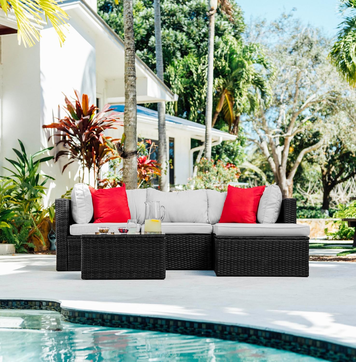 Nestl Outdoor Sectional Patio Furniture Set – 5 Piece Outdoor Patio Furniture Set with Outdoor Couch and Sectional Seating - Black with Off White Cushions, Standard