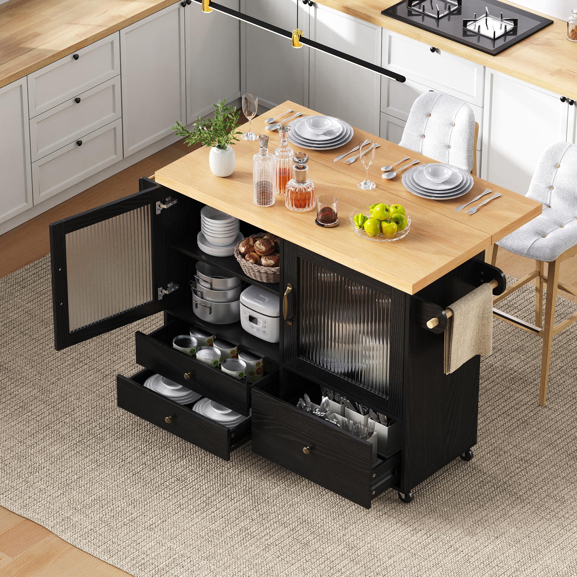 Muskel Isla de cocina móvil con mesa de comedor extensible, carrito de cocina con ruedas con soporte para copas de vino, encimera y espacio de almacenamiento, independiente para cocina, comedor y sala