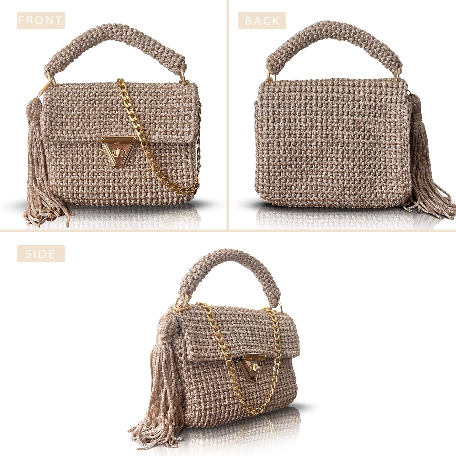 Handmade Caramel Crochet Shoulder Bag for Women | Gold Chain & Top Handle | Boho Knitted Purse | Elegant Evening - Image 6