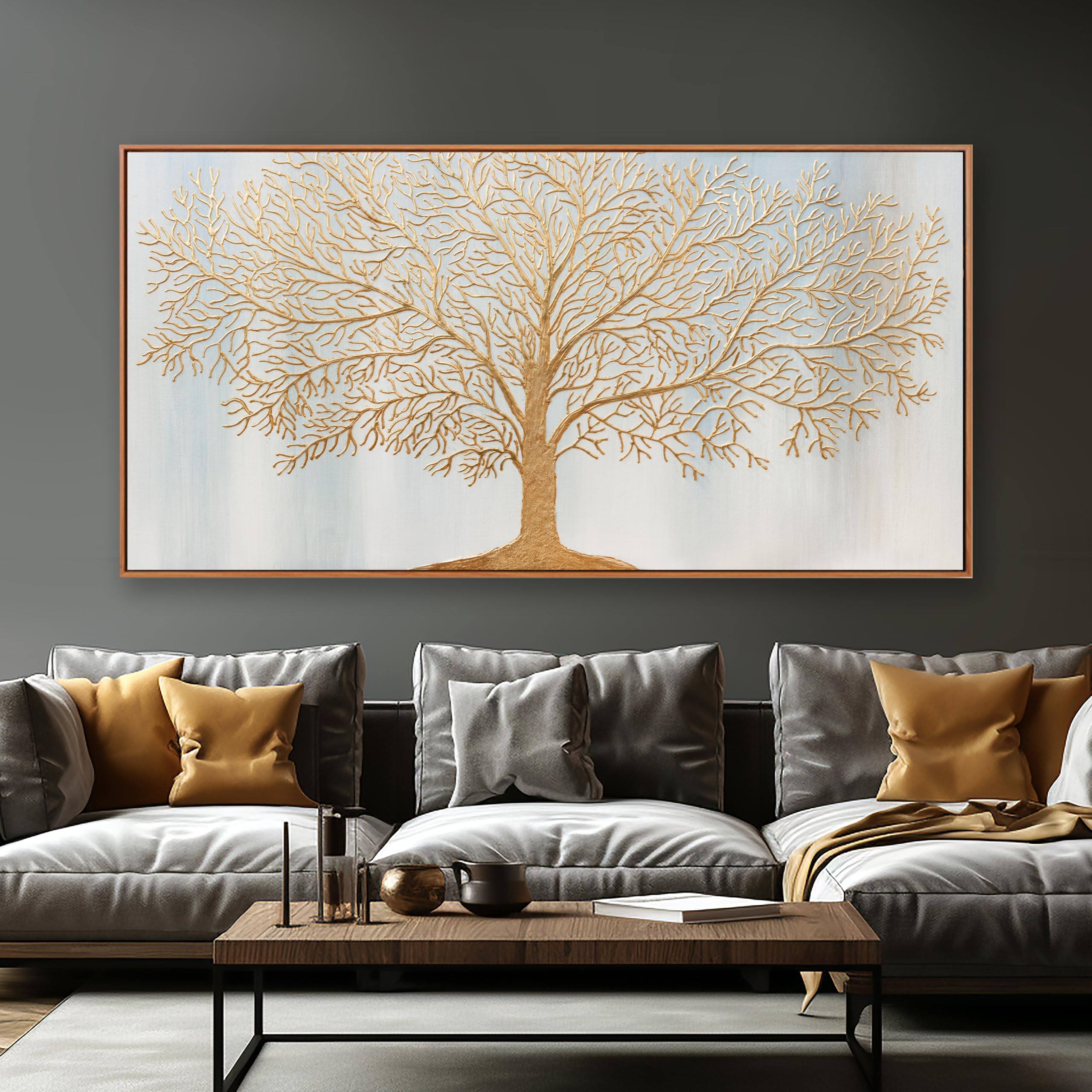 Abstract Wall Art Gold Tree of Life Framed Artwork Canvas Painting Line Texture Tree Canvas Prints Wall Decor Home Decor Wall Ready to Hang for Bedroom Living Room Size 24"x48"