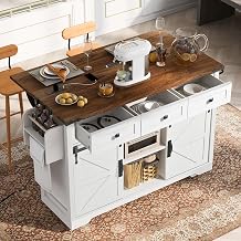 Kitchen Island with Power Outlet & Drop Leaf, 53.7" Farmhouse Kitchen Storage Cart with Sliding Barn Doors, Wood Kitchen Prep Table for Home, Kitchen & Dining Room, Off White