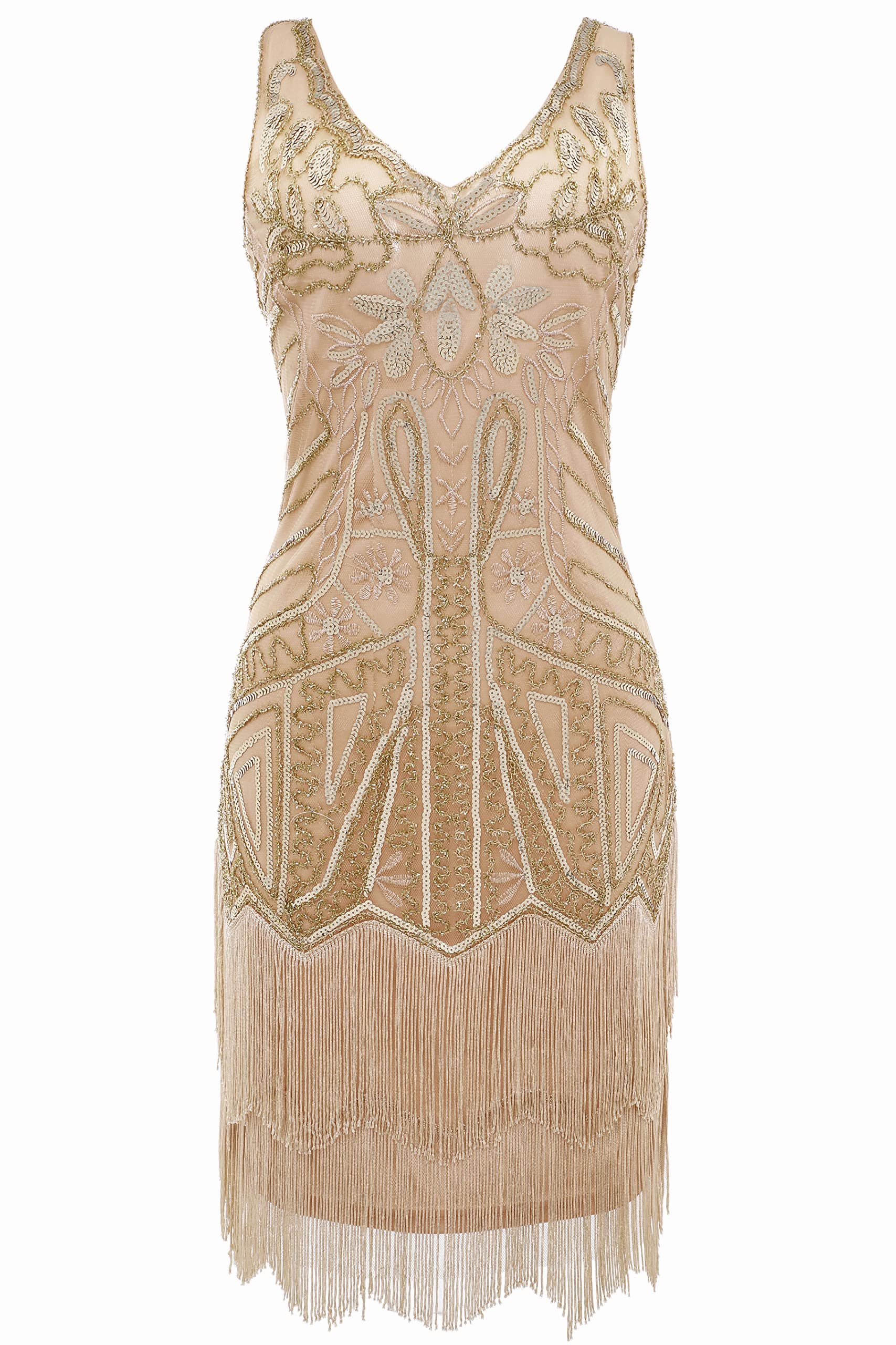 Babeyond – Robe à Franges et col en V pour Femme Style 1920 Gatsby Le Magnifique Champagne Or.