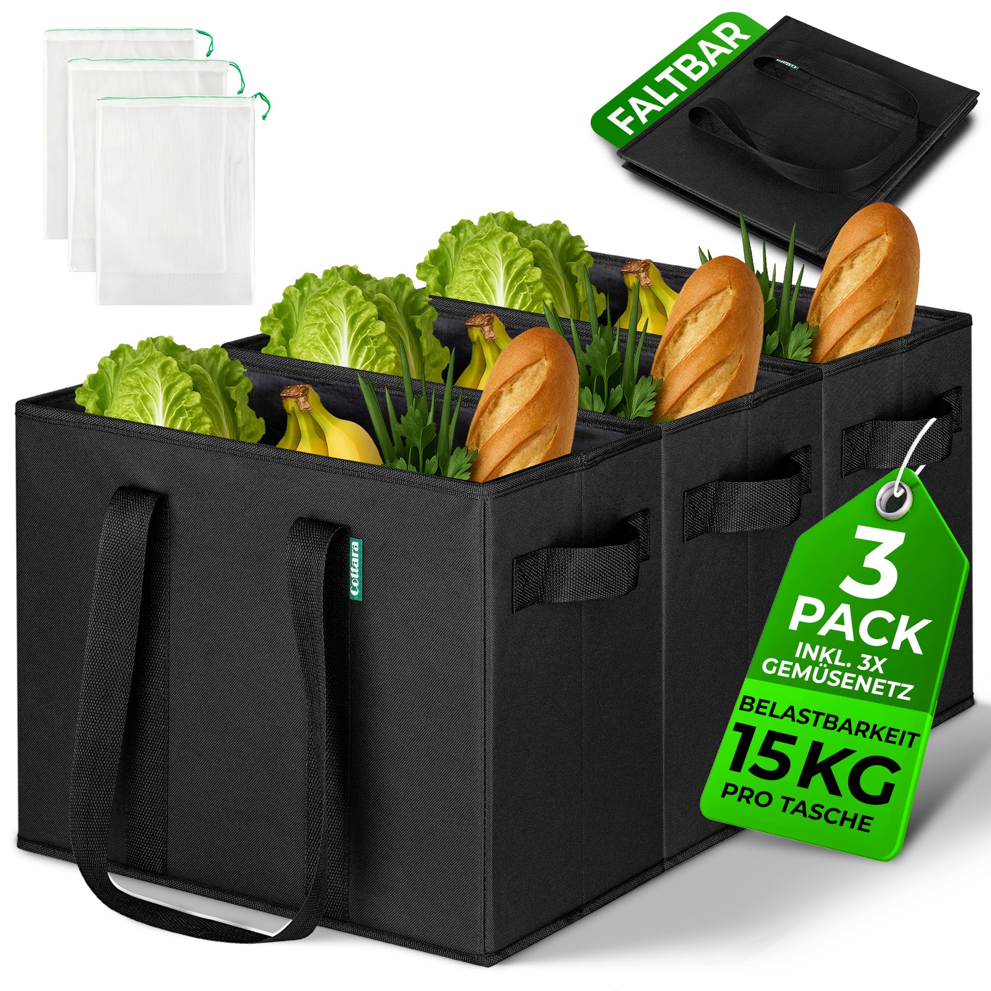 COTTARA® faltbare Einkaufstasche groß 3er Pack & Obstnetz – stabiler großer Einkaufskorb faltbar mit verstärktem Boden – Ideale Einkaufstasche für Einkaufswagen & Kofferraum – 80 L Schwarz