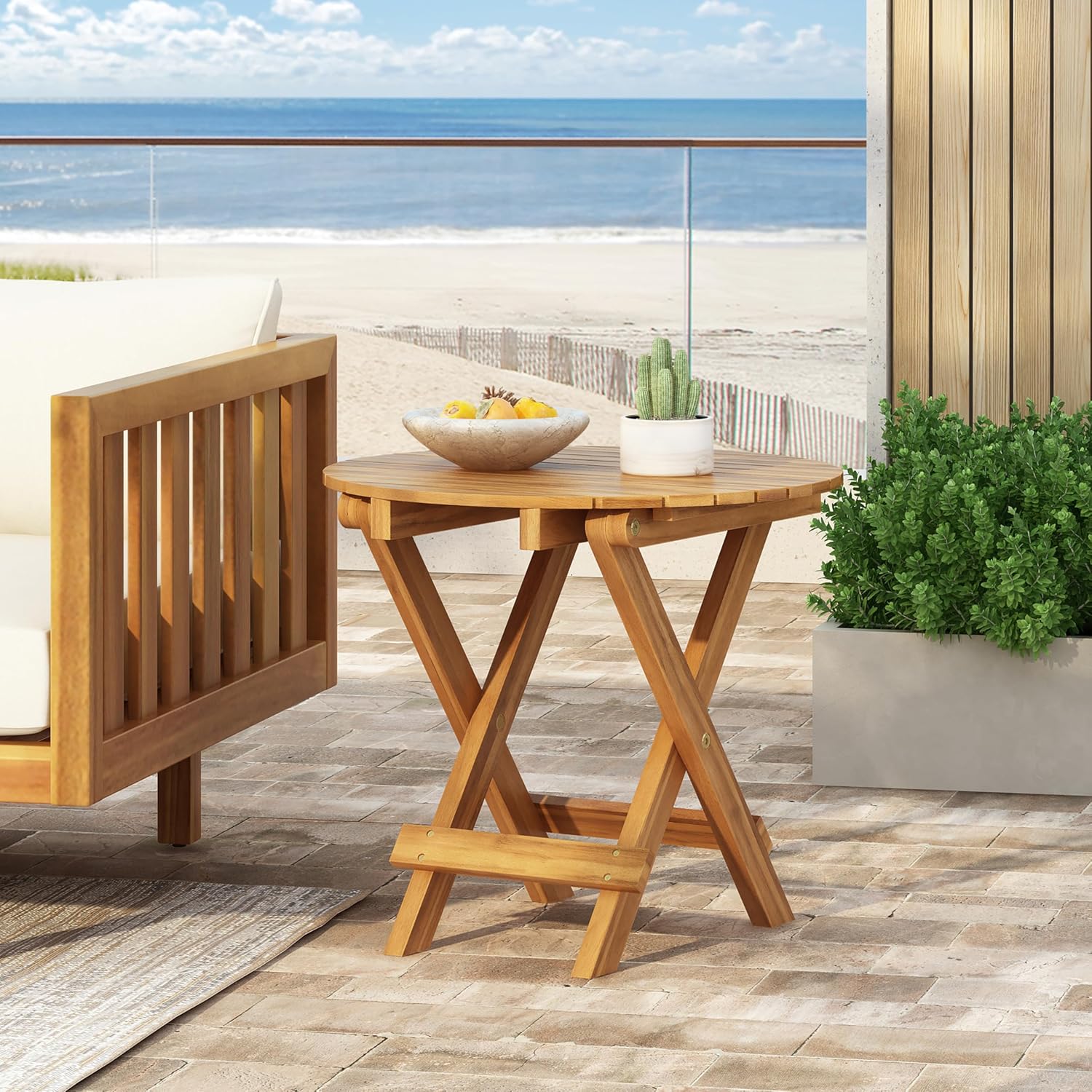 Christopher Knight Home Aurl 17.75" W Outdoor Acacia Wood Side Table, Round End Table, Slats Panel Design, Foldable and Adjustable Small Coffee Desk, Sofa Side Desk, No Assembly Needed, 175lbs Teak