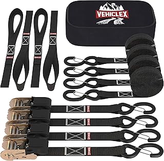 Vehiclex Ratchet Tie Down Straps – 15 Ft Long - Upgraded 2200 lb Break Strength – 4 Pk Black Premium Heavy Duty Cargo Stra...