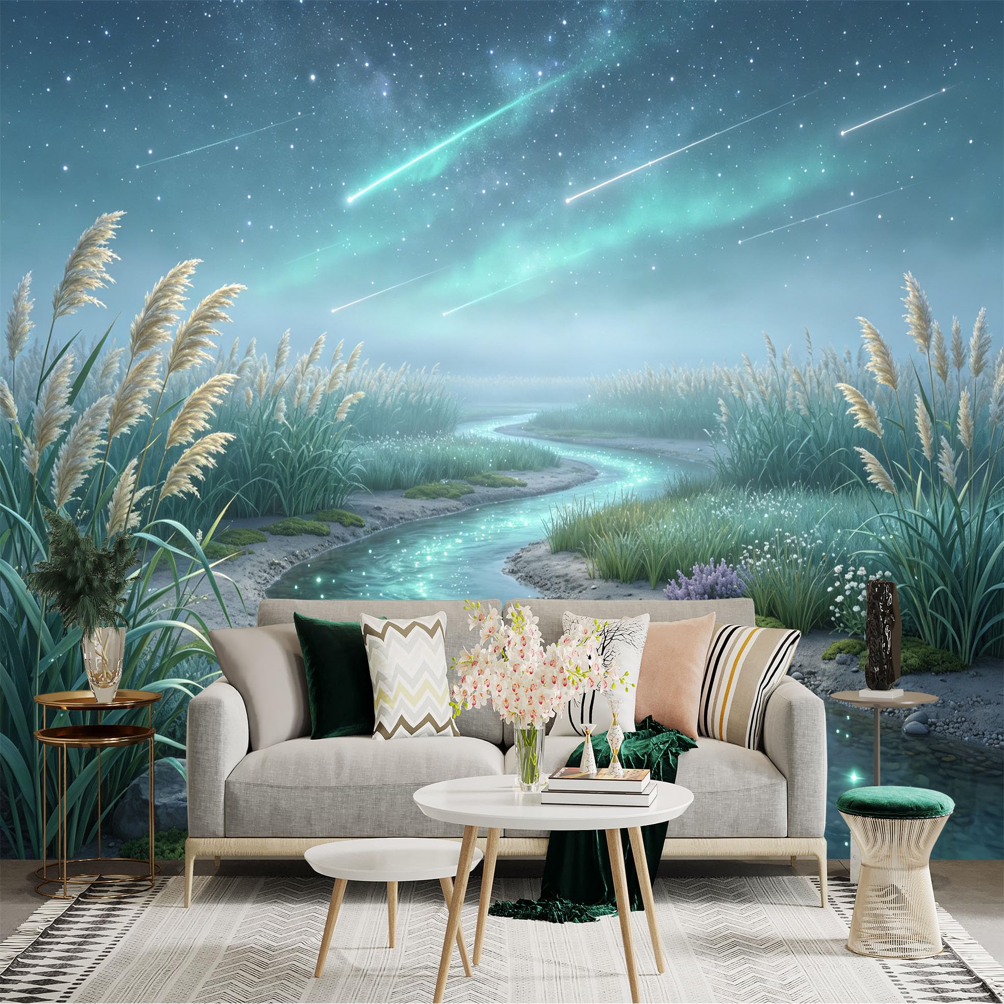 Lnzczhyre Bh260719613 Custom Size Wall Sticker Mural， Dreamy River Landscape With Sparkling Water， Reeds And Aurora Night Sky， For Wall Decoration， Peelandstick Wall Decals.