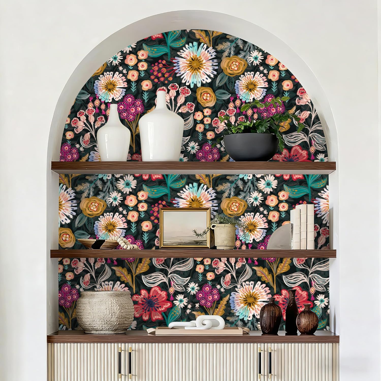 HAOKHOME Floral Peel and Stick Wallpaper Boho Dark Floral Wall Paper Vintage Contact Paper Removable Wall Mural for Bathroom Accent Wall Decor 17.3in x 9.8ft