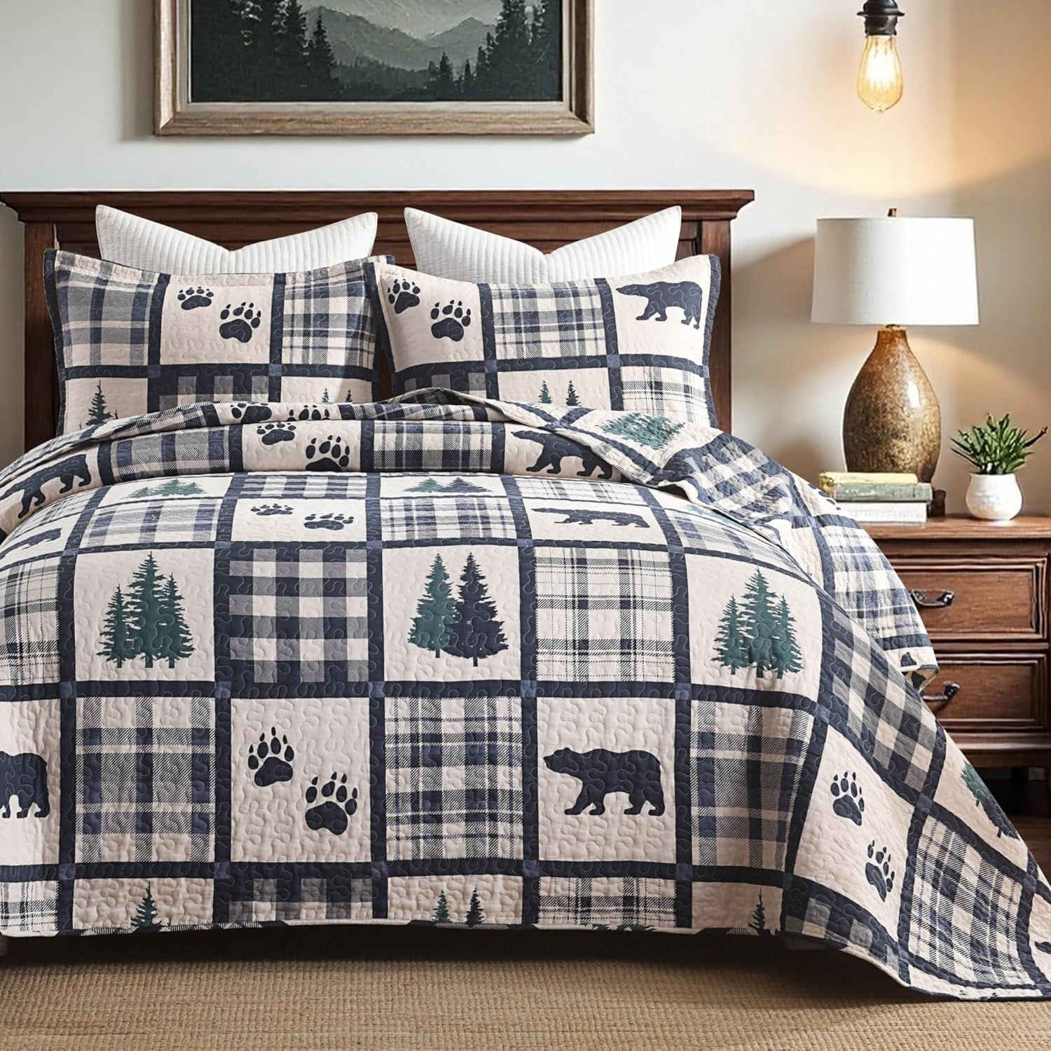 Quilt Set King Size - Patchwork 100% Cotton Plaid Bedding Set Navy Blue - Bear Theme Lightweight Bedspread for King Bed - 3 Pieces for All Season