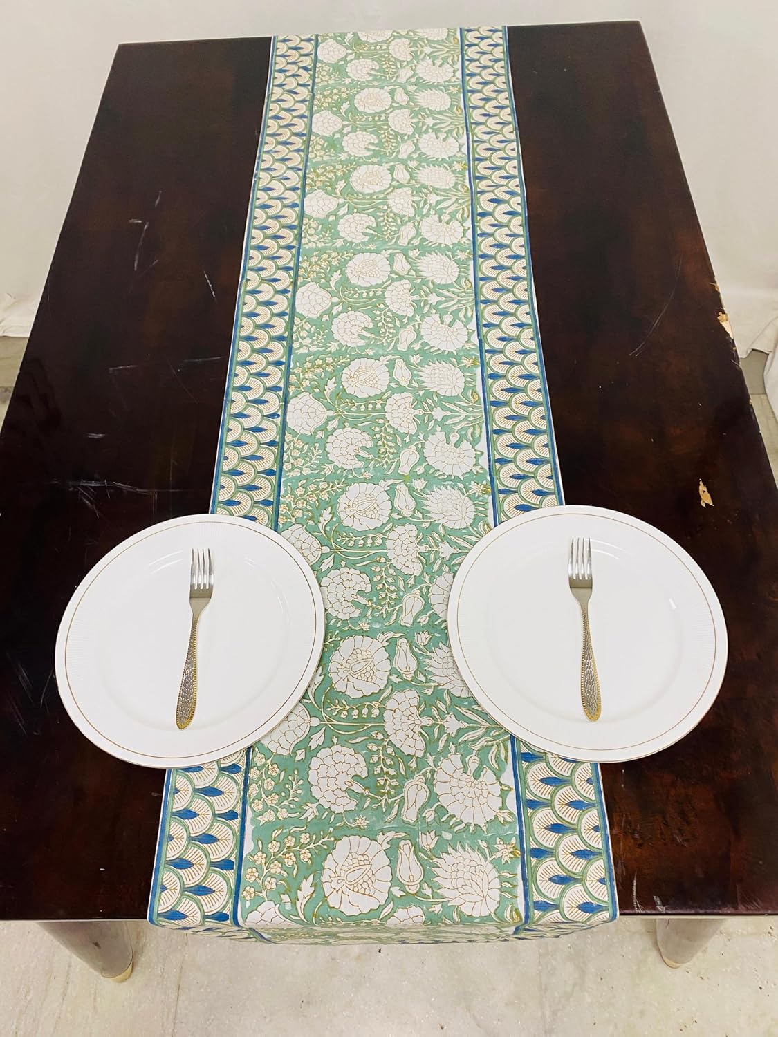 Ridhi Moss Green Hand Block Print 100% Cotton Table Runner 16x106 Inch image 3