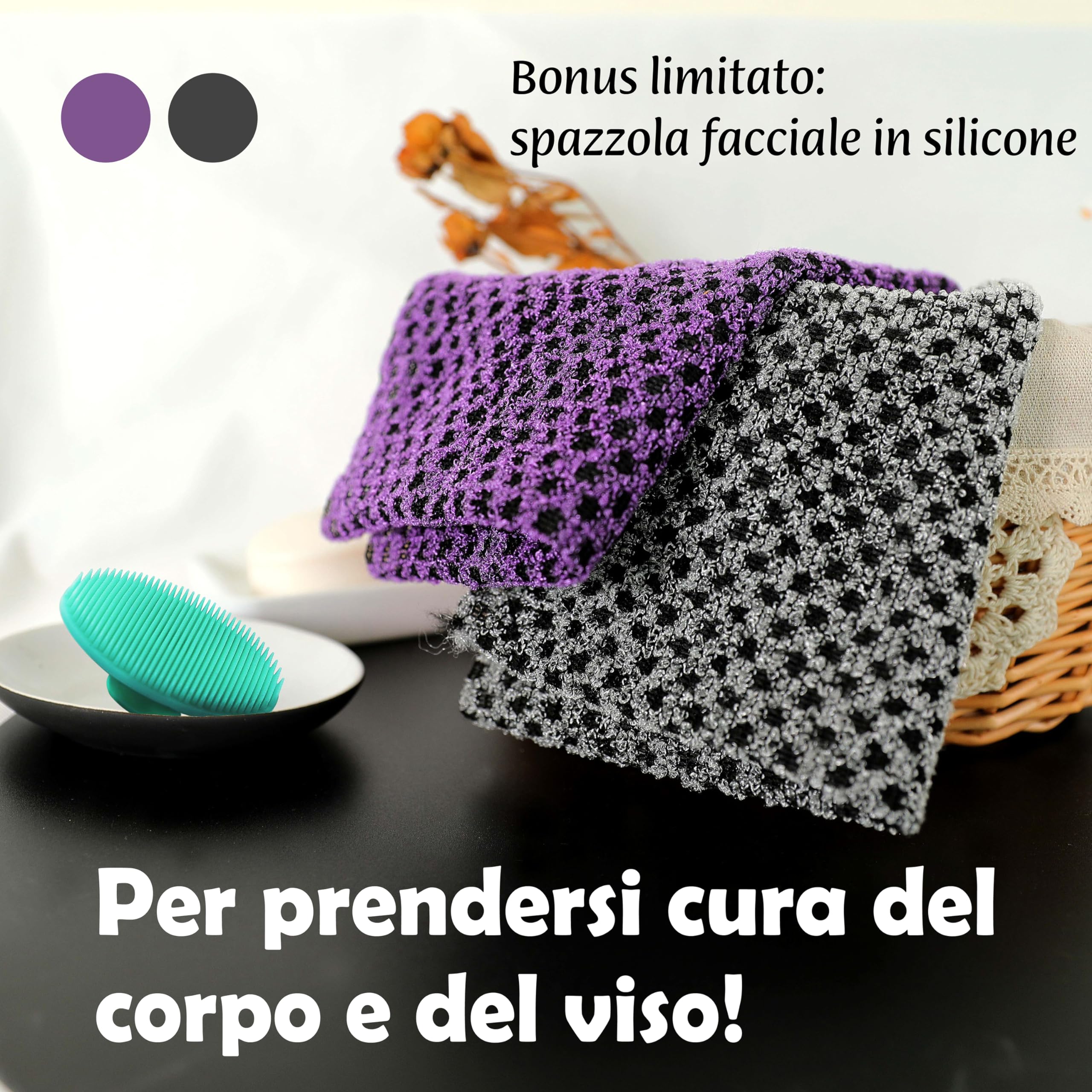 myHomeBody Set di 2 panni esfolianti extra lunghi, esfolianti per il corpo, asciugamano da doccia, panno da bagno lungo, texture 3D, ossidiana e uvetta, con spazzola per il viso in silicone