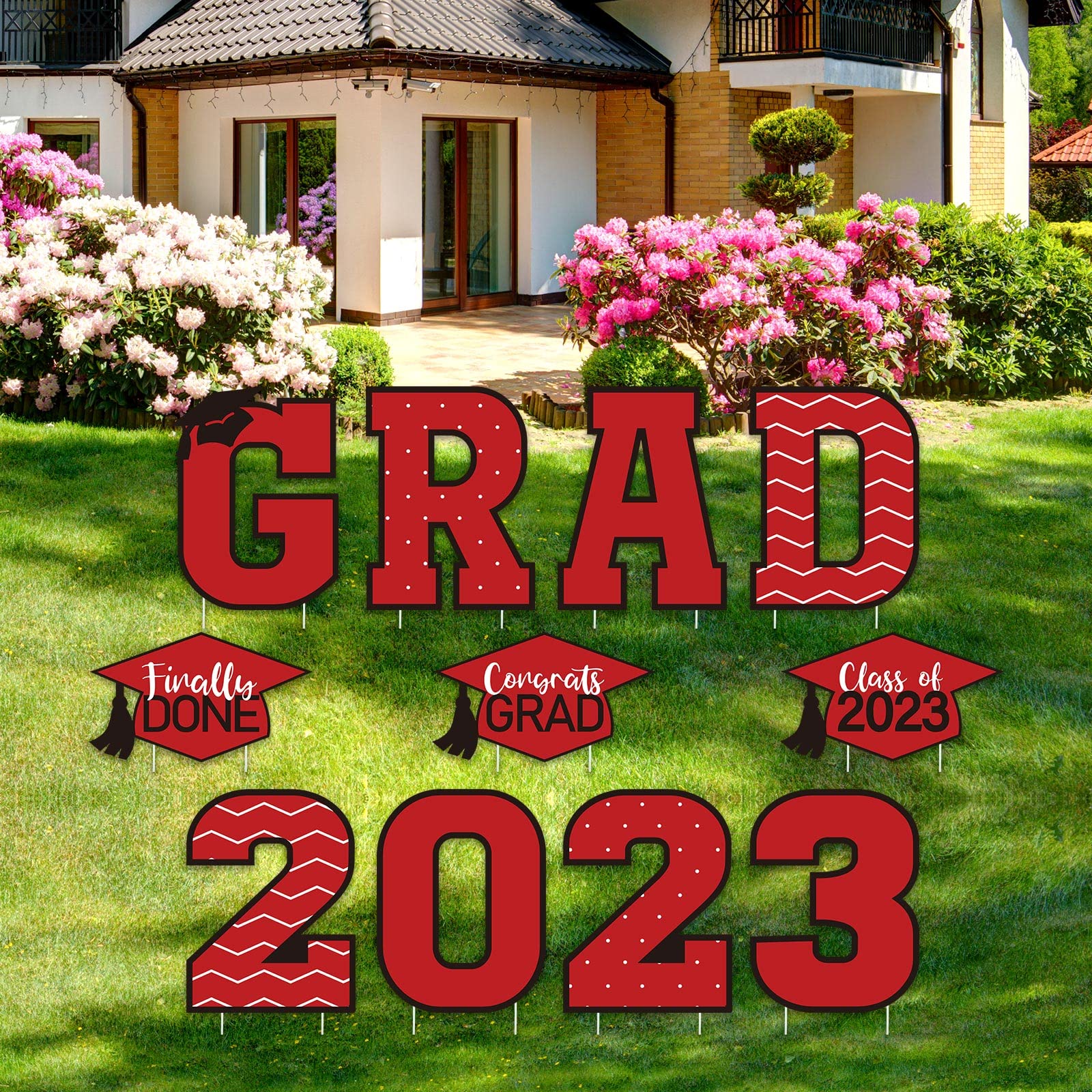 11 Pieces Graduation Yard Sign Decorations Congrats Graduation Lawn Signs 2023 Grad Yard Signs with 23 Stakes for Outdoor Congrats Graduation Party Decoration Supplies (Red, Simple Style)