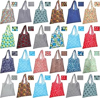Eccliy 24 Pieces Reusable Grocery Bags Polyester Shopping Bags for Groceries Multi Colors Reusable Foldable Shopping Tote (Geometric Rules)