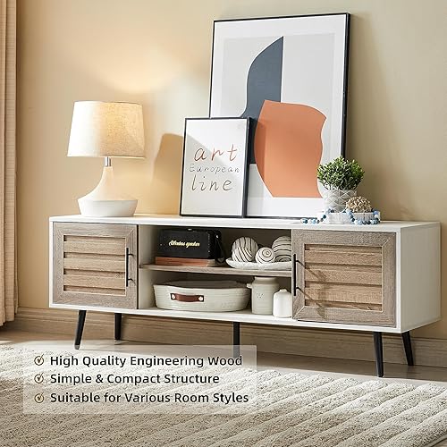 Vista 13 de EDYO LIVING Soporte de TV moderno de mediados de siglo de 65 pulgadas, soporte de TV de madera con armario de almacenamiento y estante abierto