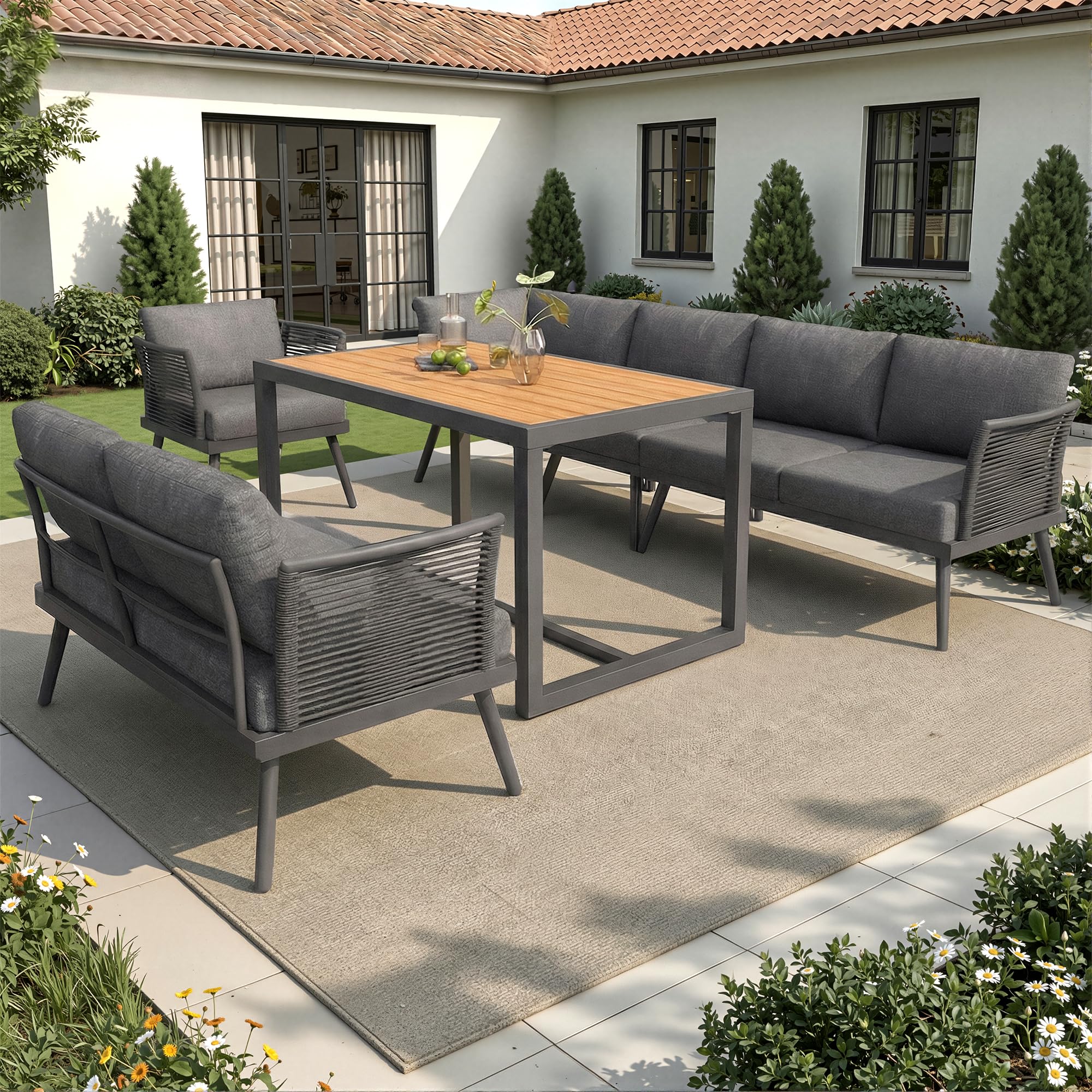 Set di mobili da giardino per 7 persone, fune, grande tavolo con venature del legno, con struttura in ferro zincato, gambe regolabili, tutti i cuscini per seduta e schienale inclusi (grigio)