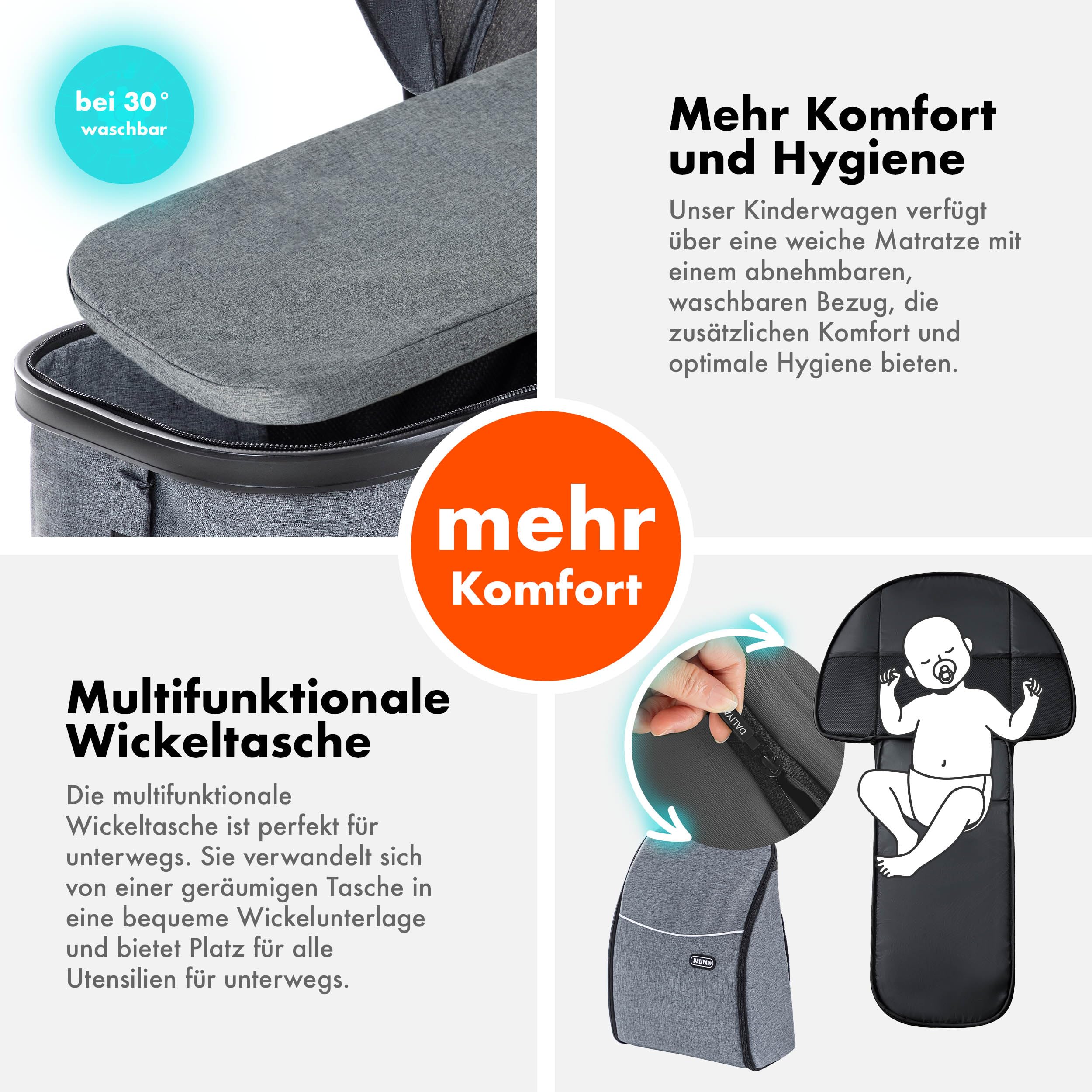 Daliya BAMBIMO 3in1 Kinderwagen & Buggy Set mit i-Size Babyschale ECE R129 Kombikinderwagen ab Geburt bis 22 kg pannensichere Räder Federung höhenverstellbar Dunkelgrau Rahmen Schwarz