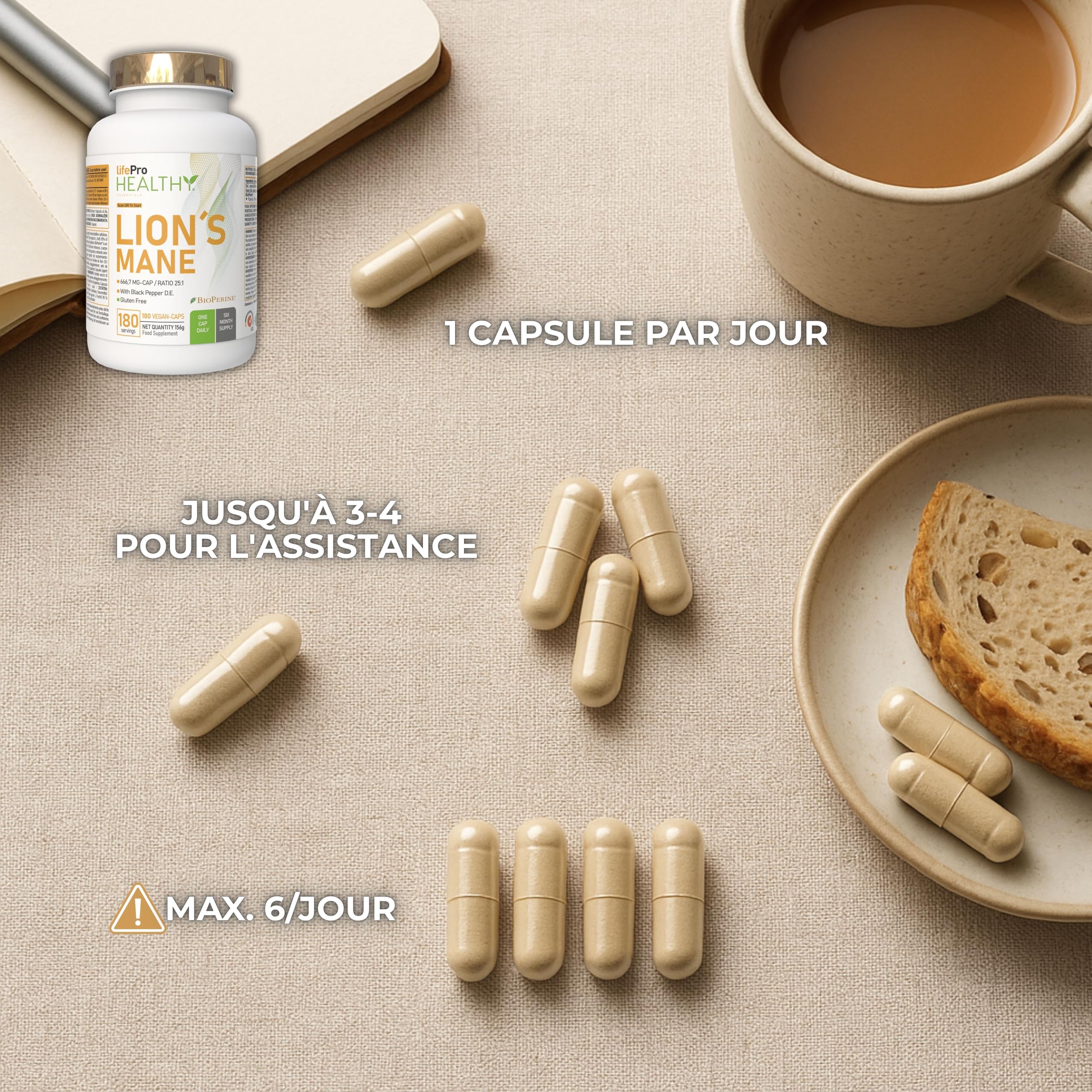 Lions Mane Bio – Gélules Criniere de Lion Haute Puissance 16,000mg – Extrait 25:1 Ultra-Concentré avec BioPerine® – Riche en Polysaccharides & Bêta-Glucanes – 6 Mois – Naturel, Mémoire & Immunité