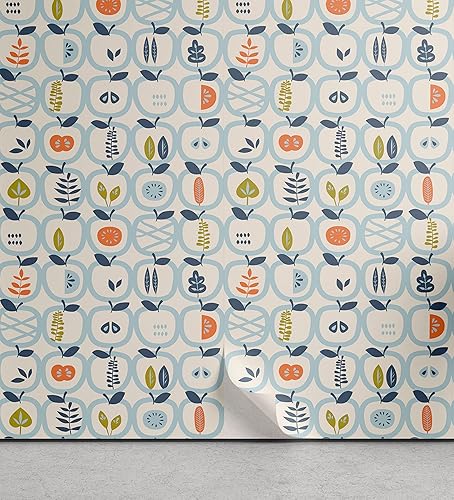 Ambesonne Papel tapiz escandinavo para despegar y pegar para el hogar, patrón de manzanas y hojas, diseño abstracto de frutas, cosecha abundante,