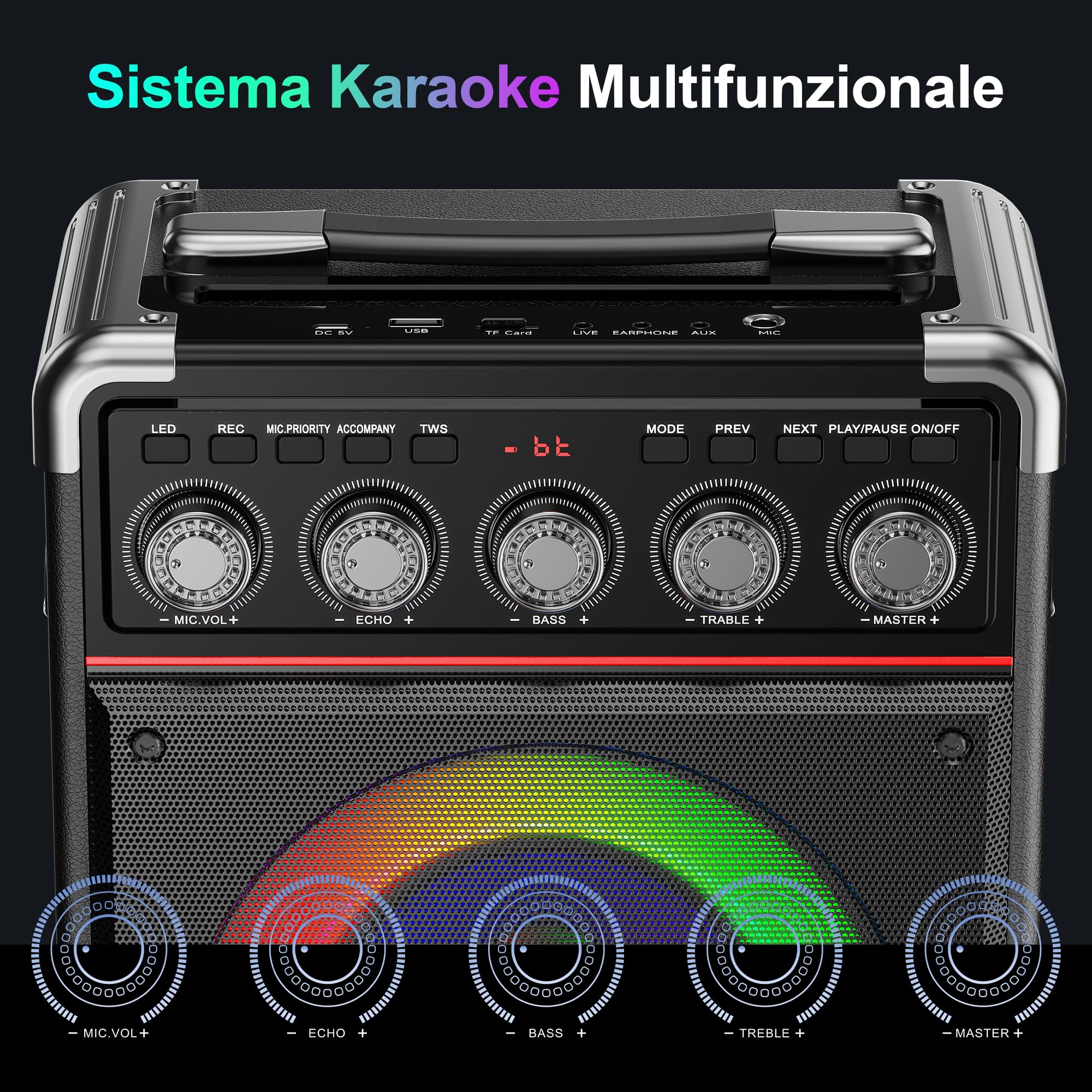 JYX Karaoke con 2 Microfono, 100W Cassa Bluetooth, Autonomia 18 Ore, Karaoke Professionale Completo, Potatile PA Sistema e Luce LED & telecomando, Supporta Bluetooth/TF/USB/AUX/TWS
