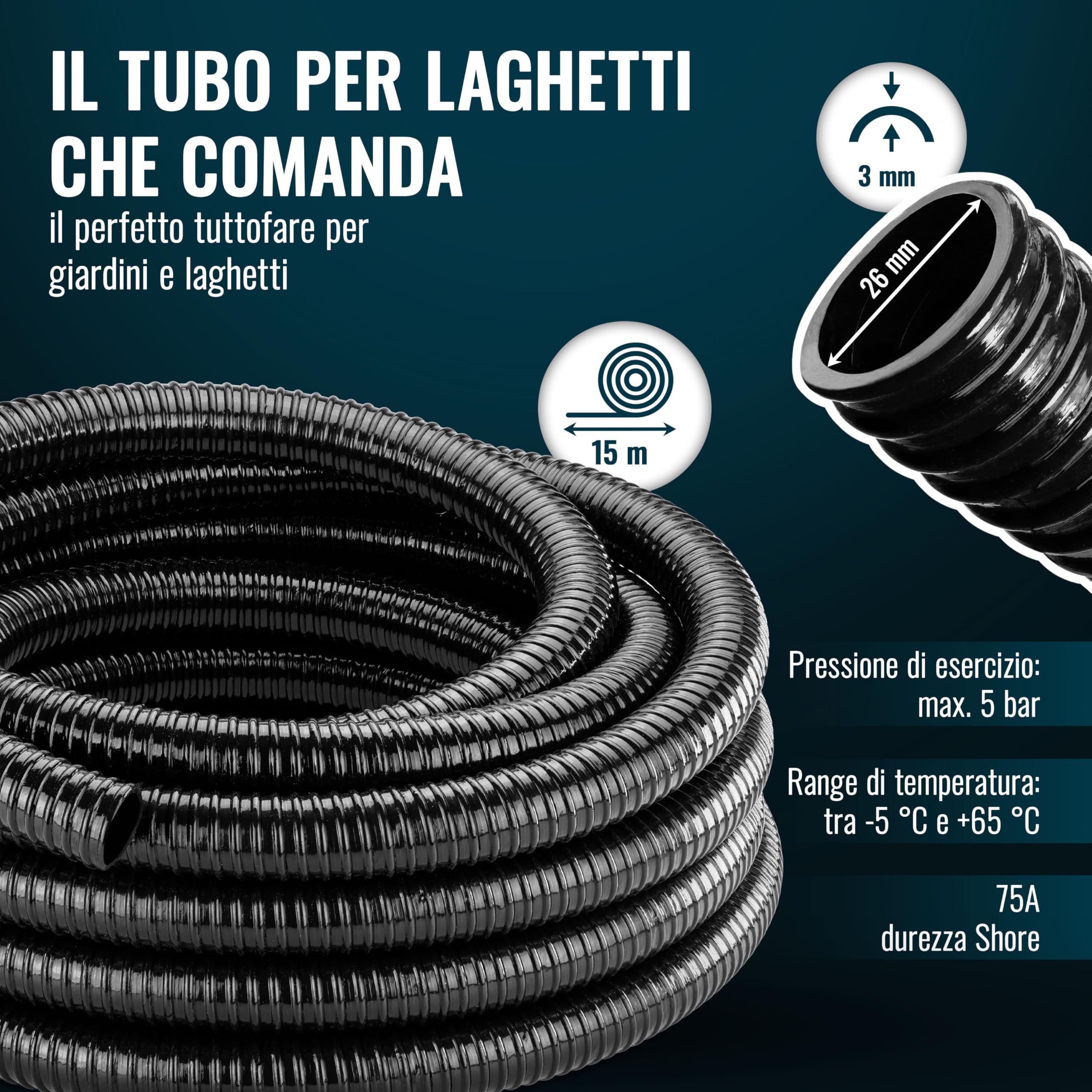 Poppstar Tubo per laghetto in PVC 15 m, diametro interno 25 mm, diametro esterno 29 mm (1"), per aspirazione, spiralato e corrugato, nero