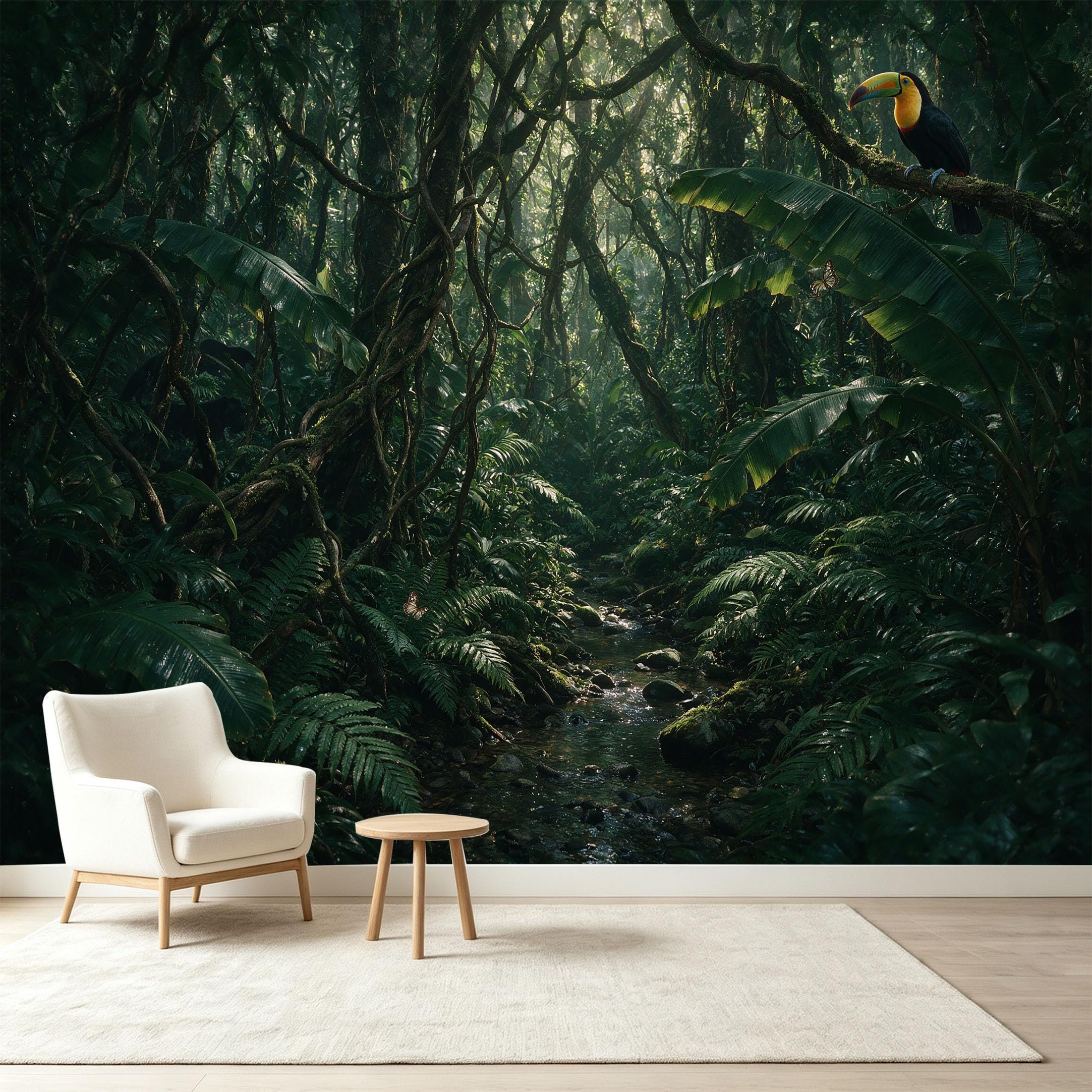 Custom Size Wall Murals Tropical Jungle Rainforest Toucan Bird Stream Self-Adhesive Wall Fabric Removable Wallpaper Wall Decor for Living Room Bedroom Bathroom