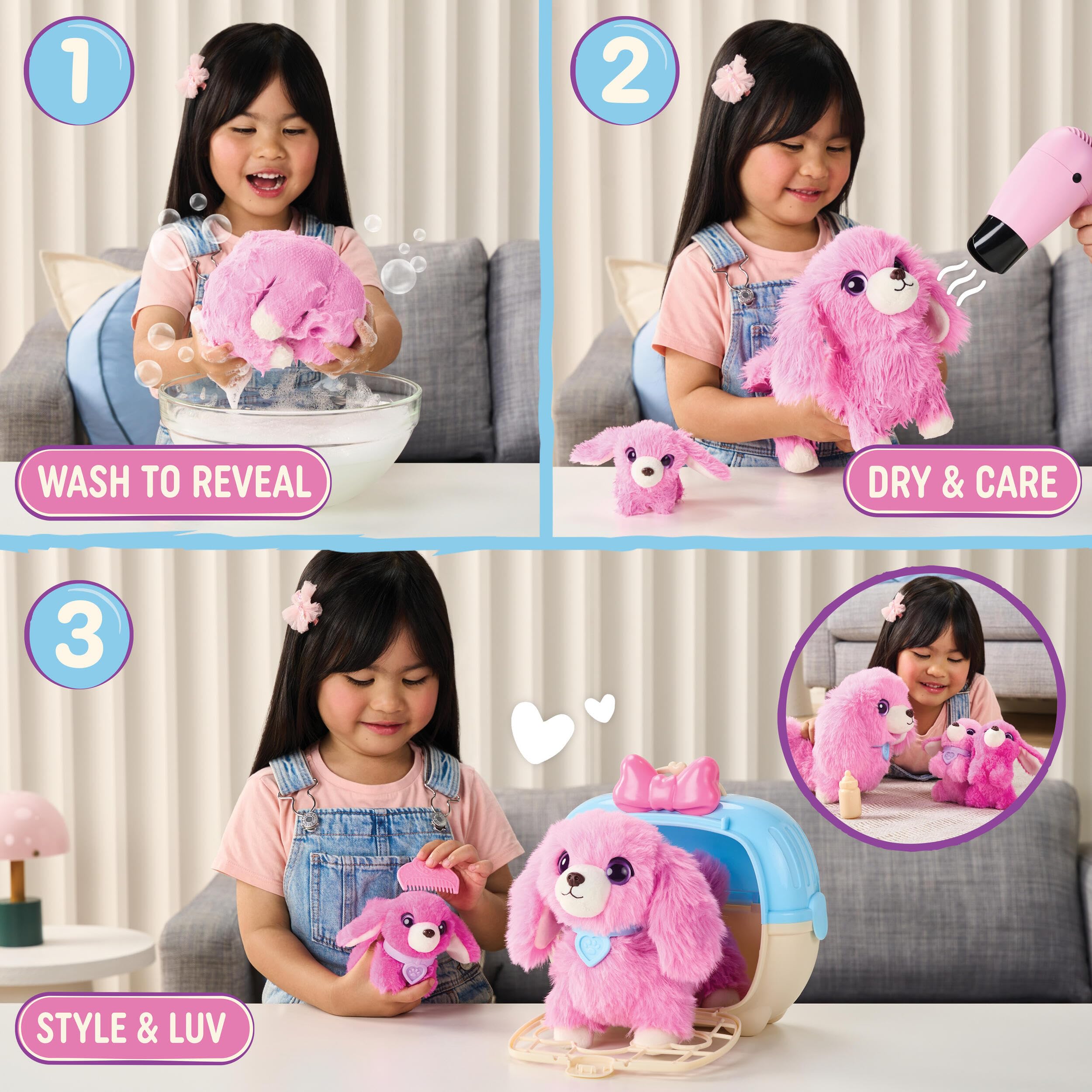 ScruffaLuvs Maman et bébé - Teckel - Peluches mystère, Lave et découvre Une Famille de teckels, 1 Chance sur 10 de trouver des Jumeaux - 4 Accessoires et Caisse de Transport Deluxe de 25 cm