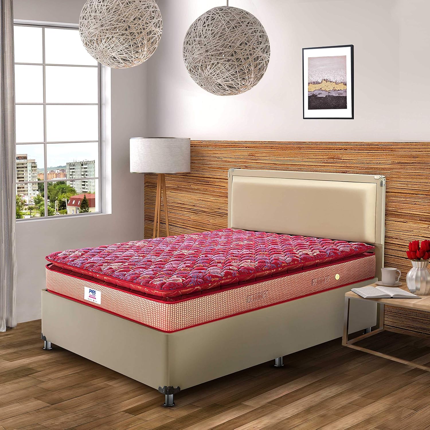 peps Springkoil Cozy Pillow Top 10 Inch Orthopedic Bonnell Spring Mattress | Medium Firm Back Support Bed | Queen Size (78X60 Inch)| Maroon | 7-Year Warranty
