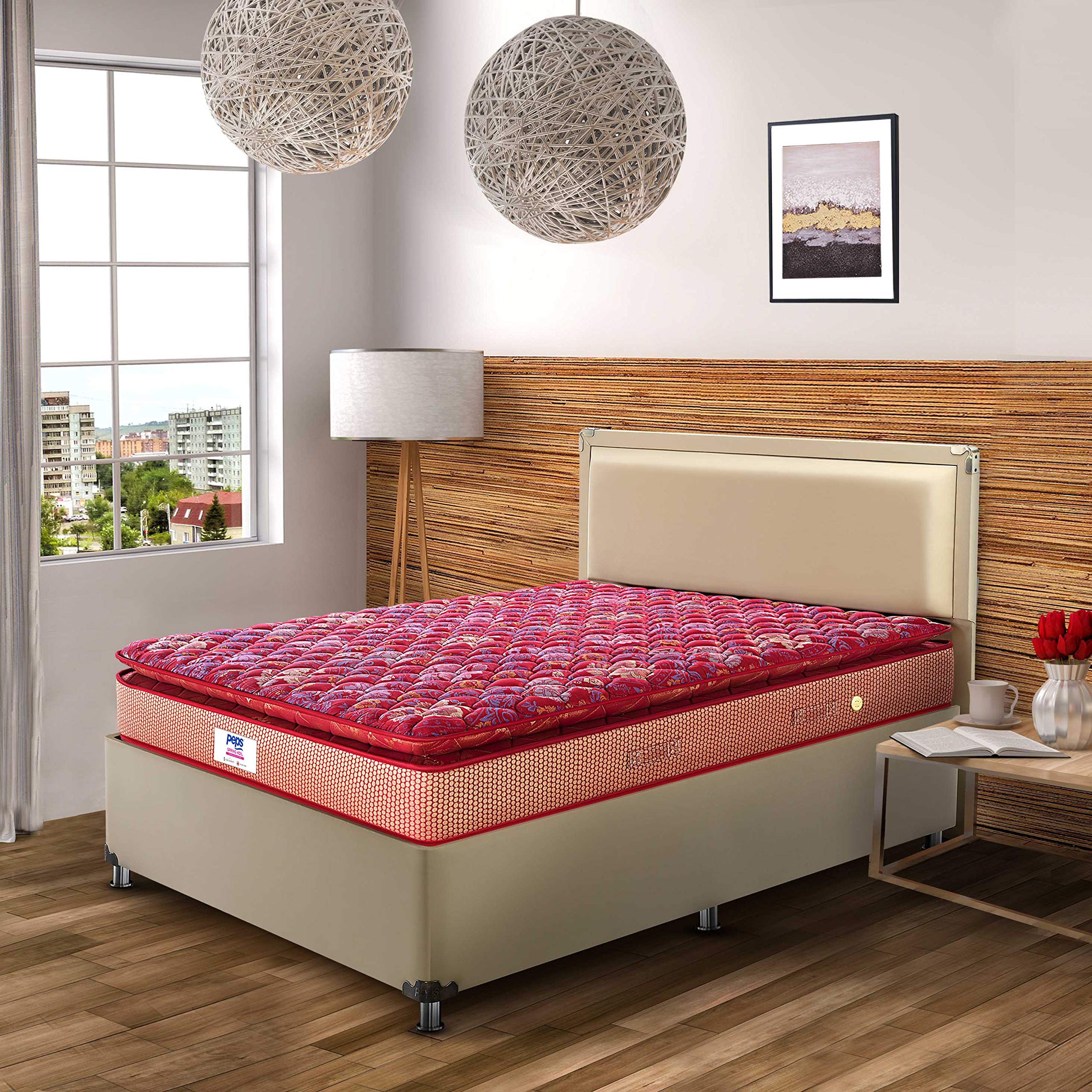 peps Springkoil Cozy Pillow Top 6 Inch Orthopedic Bonnell Spring Mattress | Medium Firm Back Support Bed | King Size (75X72 Inch)| Maroon | 7-Year Warranty