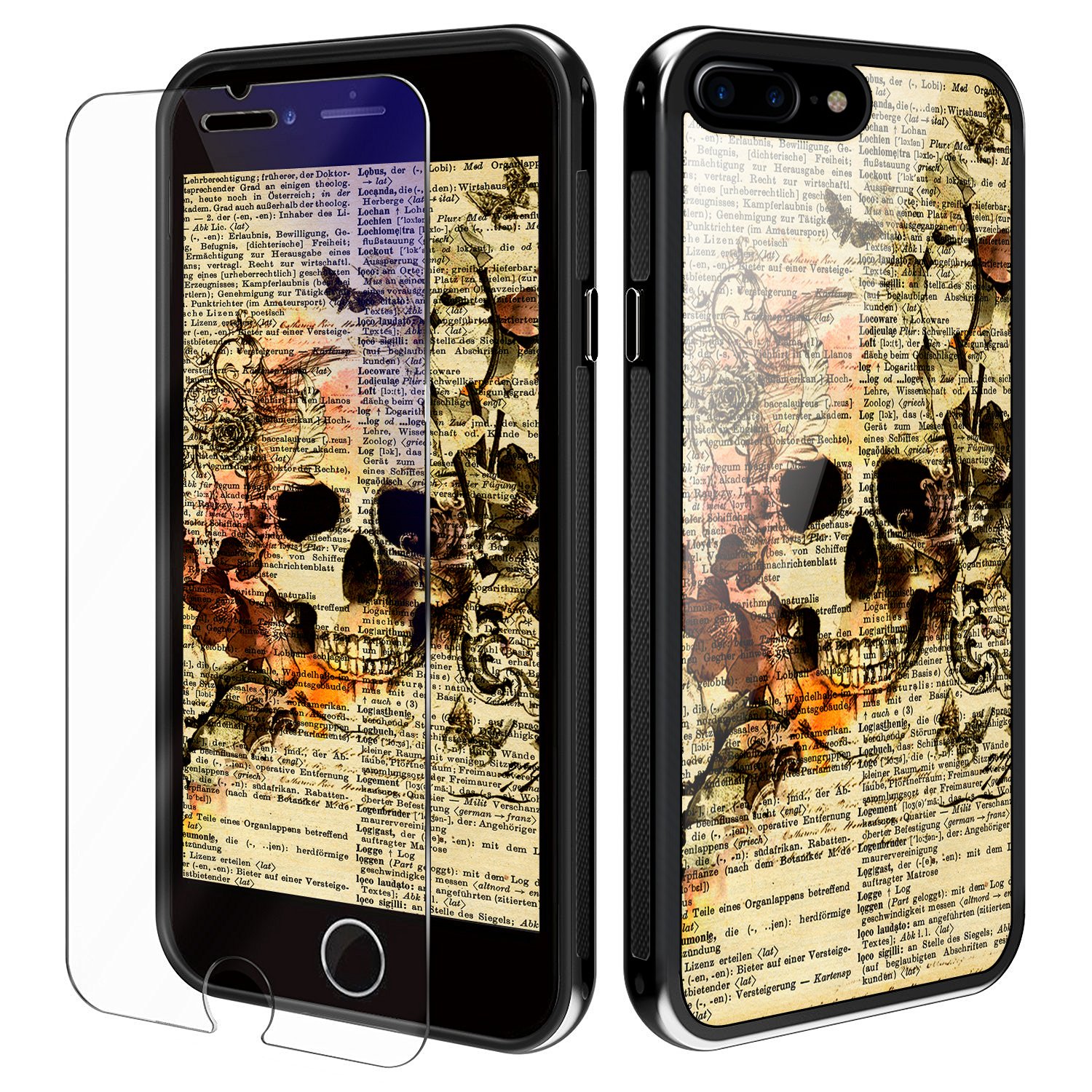 iPhone 8 Plus Case, YiPG Cute Animals Dictionary iPhone 7/8 Case for Apple iPhone 7 Plus (5.5 inch), Protective Kit with Blue Light Filter (Eye-Protect) Tempered Glass Screen Protector (Floral Skull)