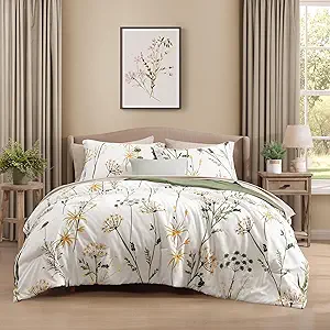 CASAAGUSTO King Comforter Set 7 PCS White & Green Dandelion Plant Comforter Set with Flowers Leaves Pattern Soft Seersucker Design All Season Bedding Set(102"X90")