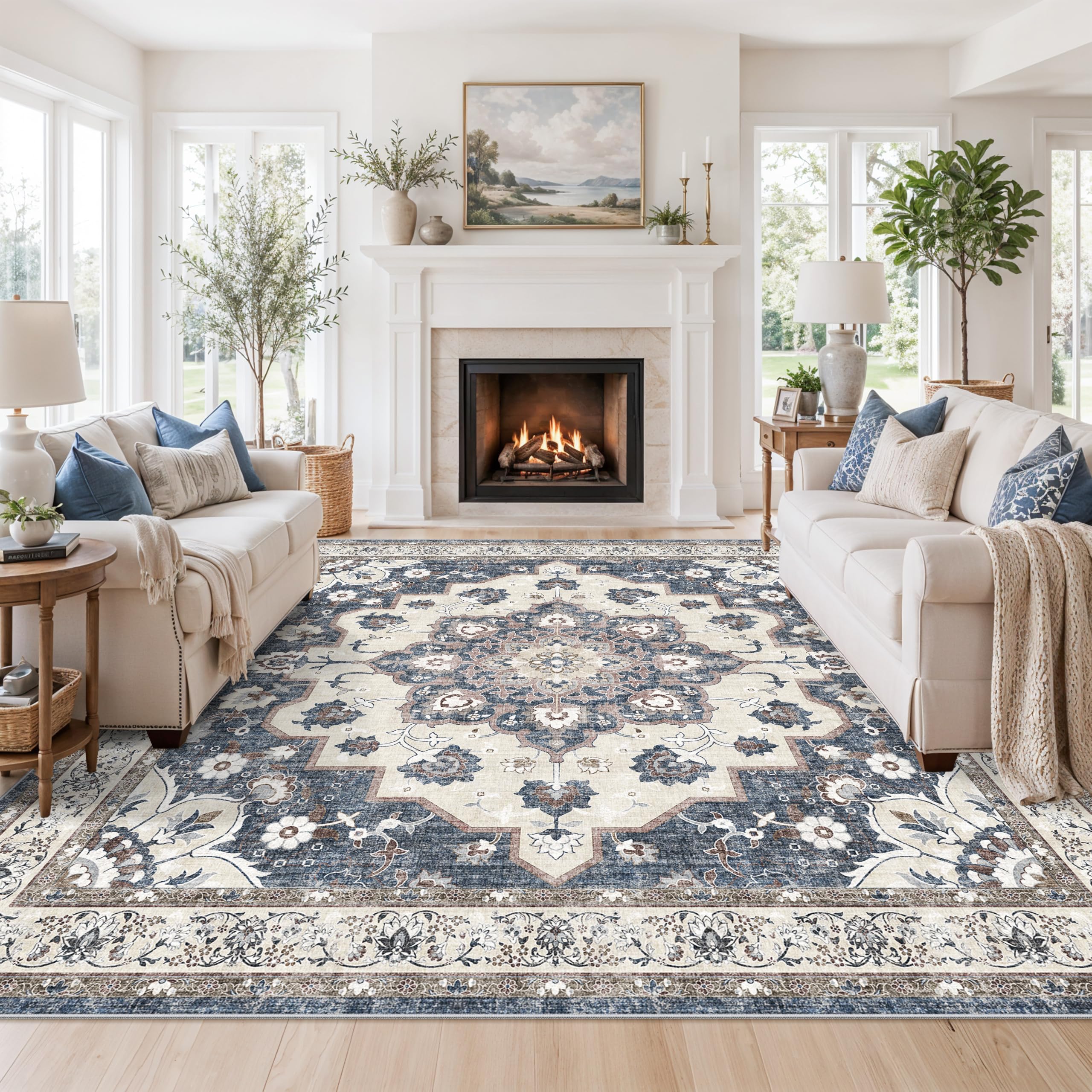 11x11 Square Area Rug Living Room: Washable Non Slip Mat (11'Square, Blue)