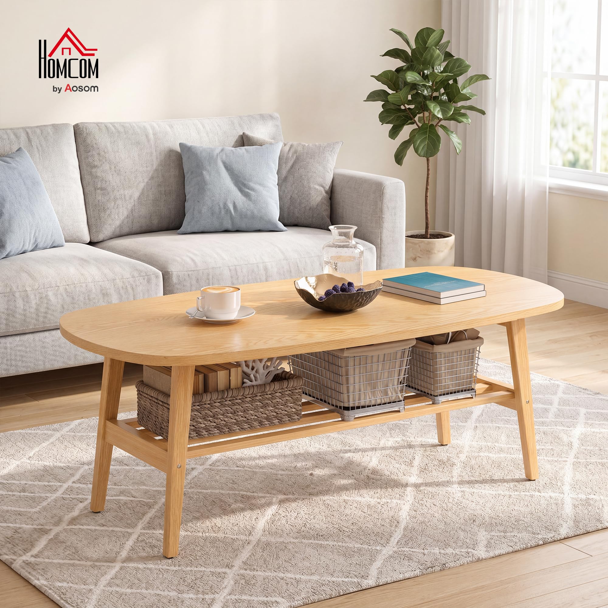 HOMCOM Mesa de Centro de 2 Niveles para Dormitorio 120x60x42cm Natural | Mesa Baja para Salón Moderno, Estante Abierto Inferior, Patas de Madera de Caucho, para Sala de Estar